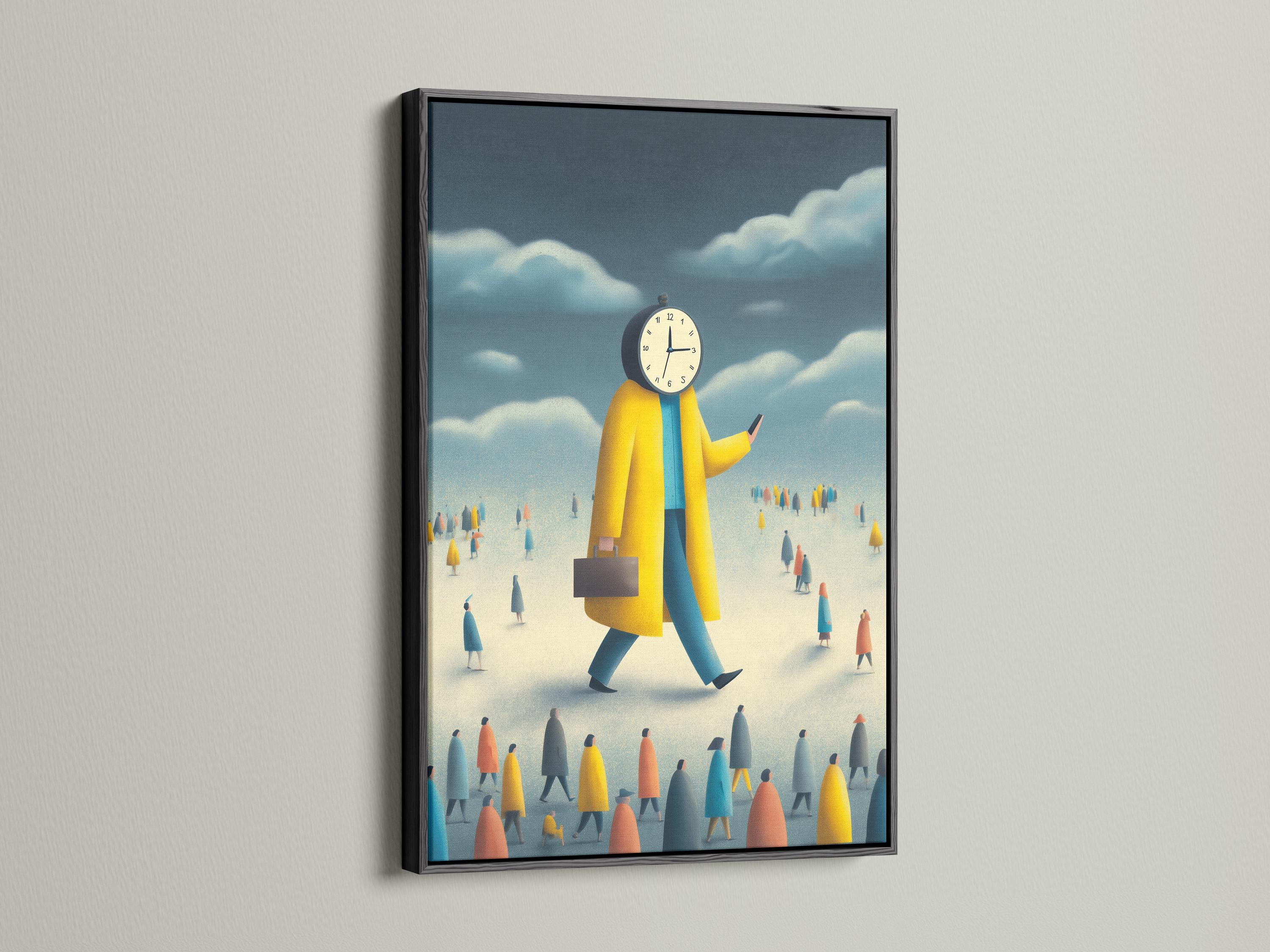 Mockup showing a framed clock-headed figure artwork in yellow and blue on a wall with supporting thumbnail views