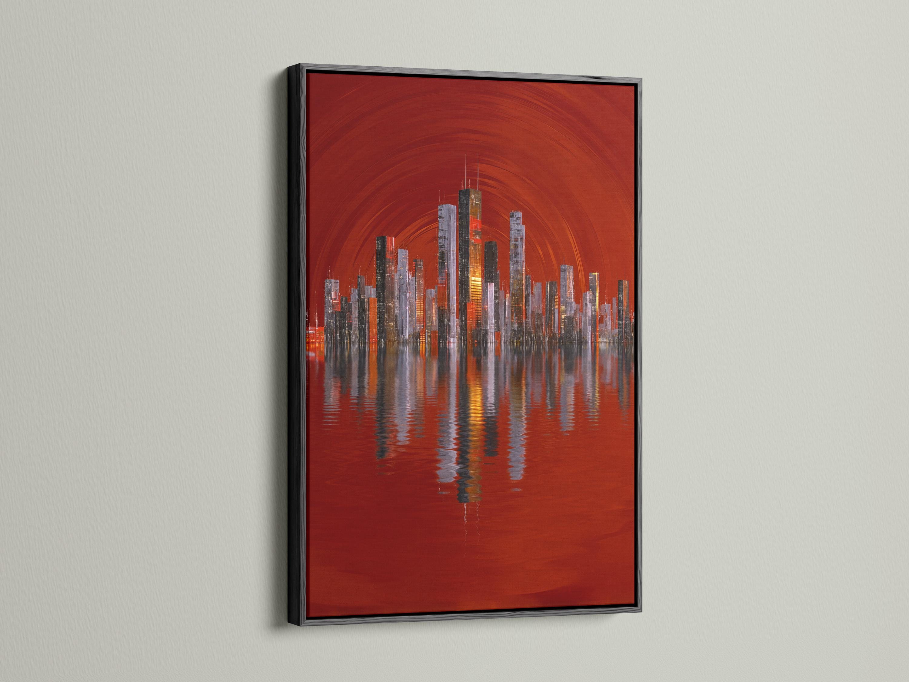 A red city skyline rises from a reflective body of water, framed by arcing light lines, with illuminated building windows and layered silhouettes