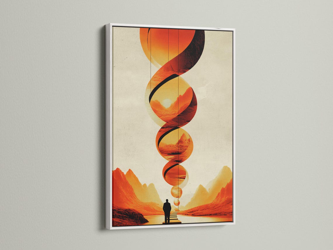 Surreal landscape with overlapping orange circles, black curved bands and a lone figure on a path detail view