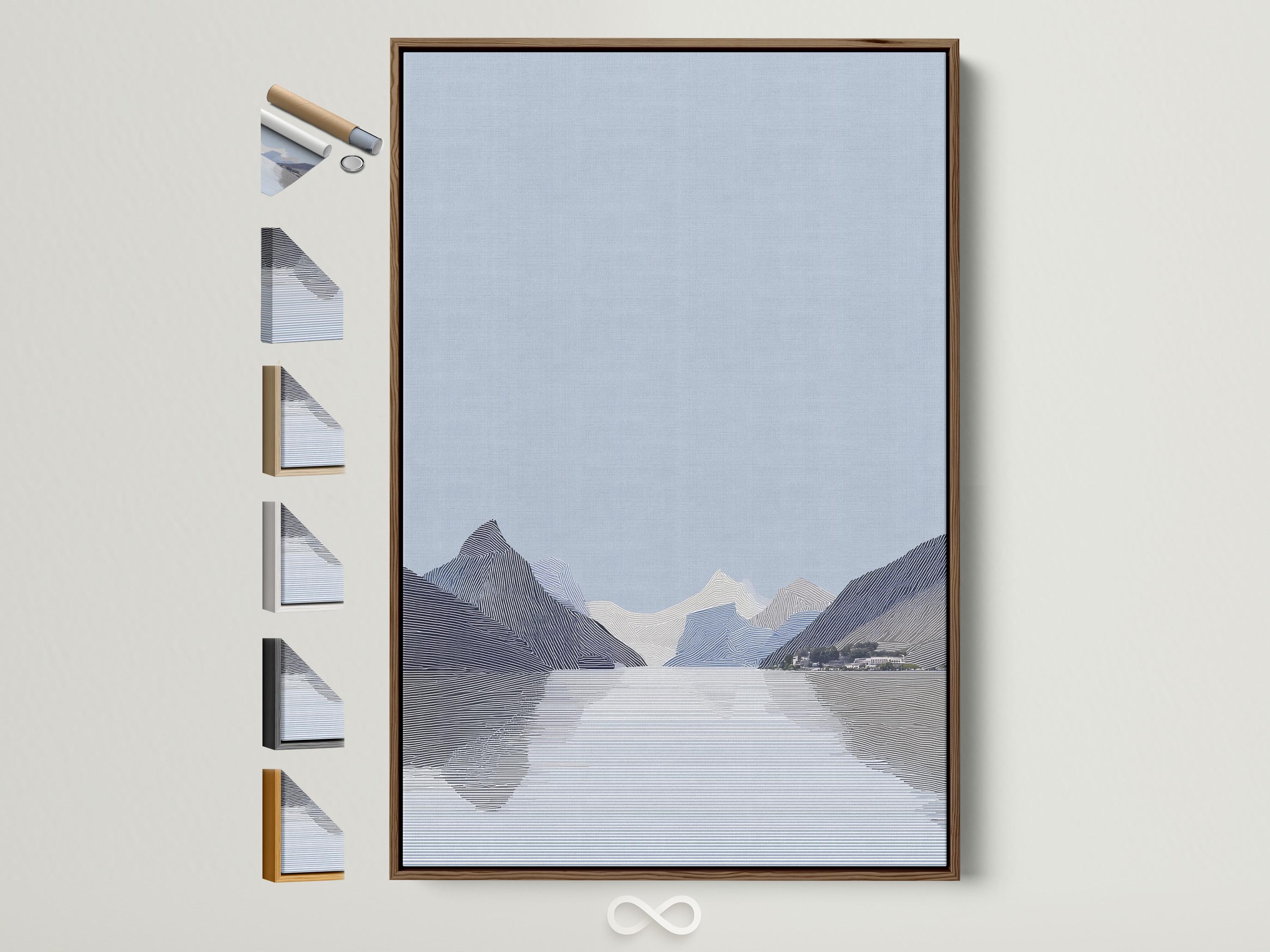 Person viewing an abstract mountain artwork in a modern room mockup