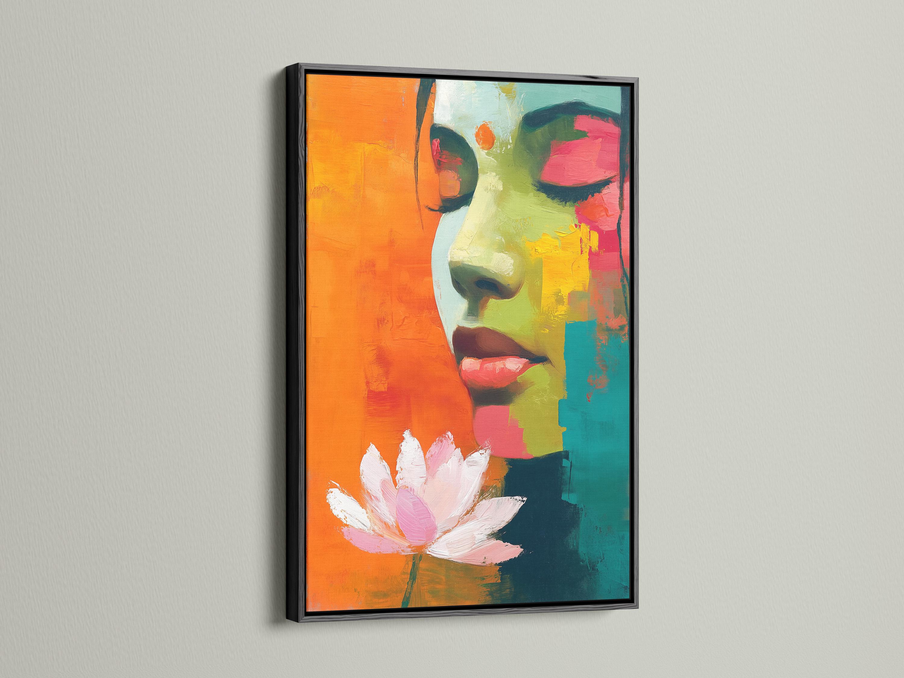 Abstract framed portrait of a woman profile with a lotus flower, shown in a room mockup with multiple frame options