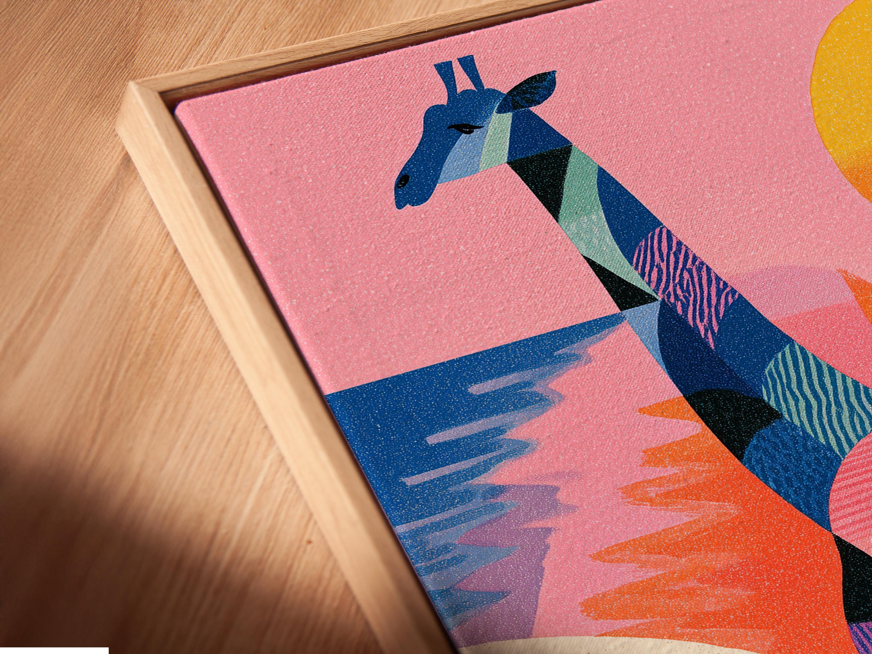 Colourful geometric giraffe artwork with birds in flight and a sun-like circle on a pink background detail view