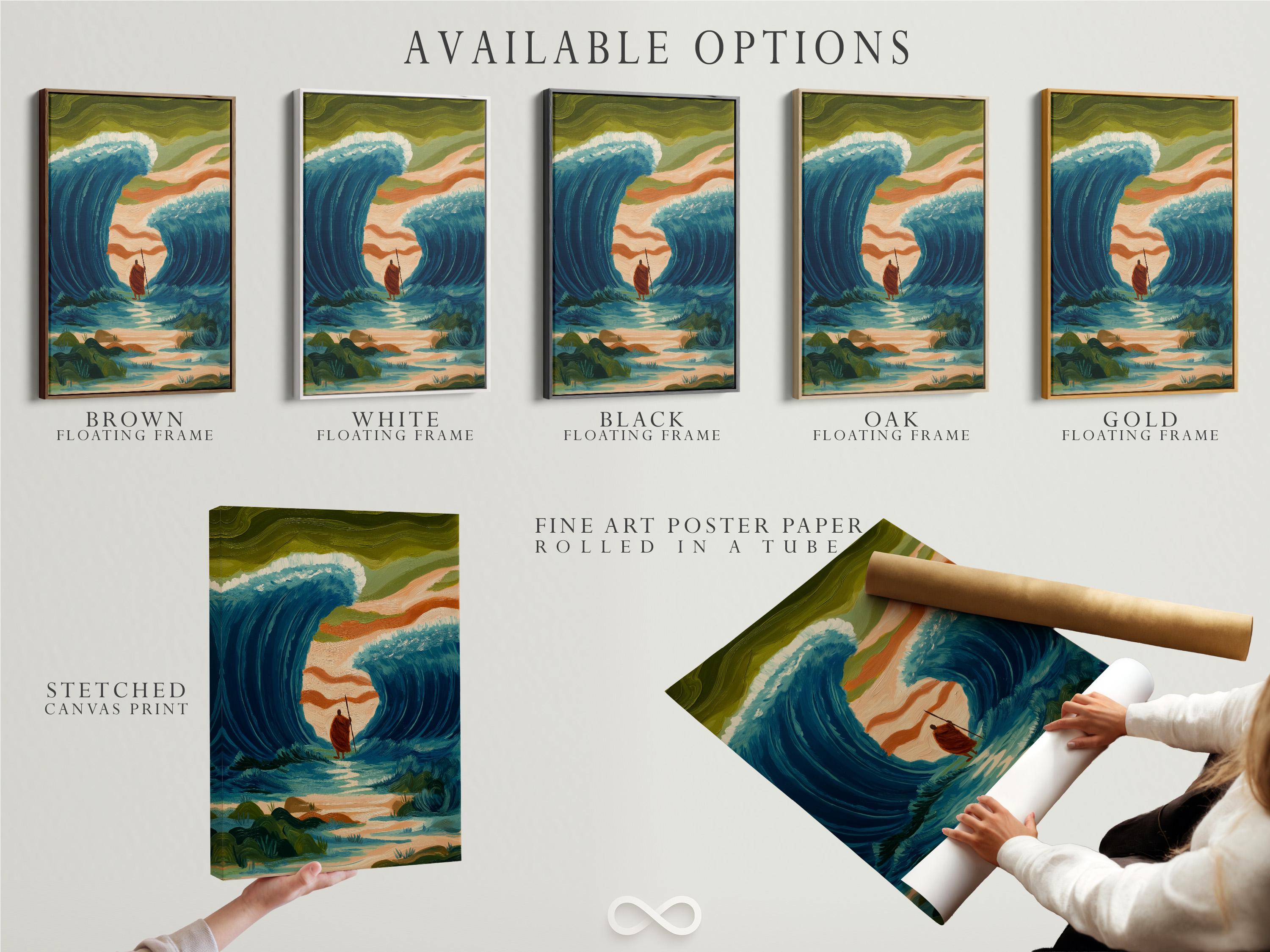 Painterly teal ocean scene with waves parting around a central figure holding a staff detail view