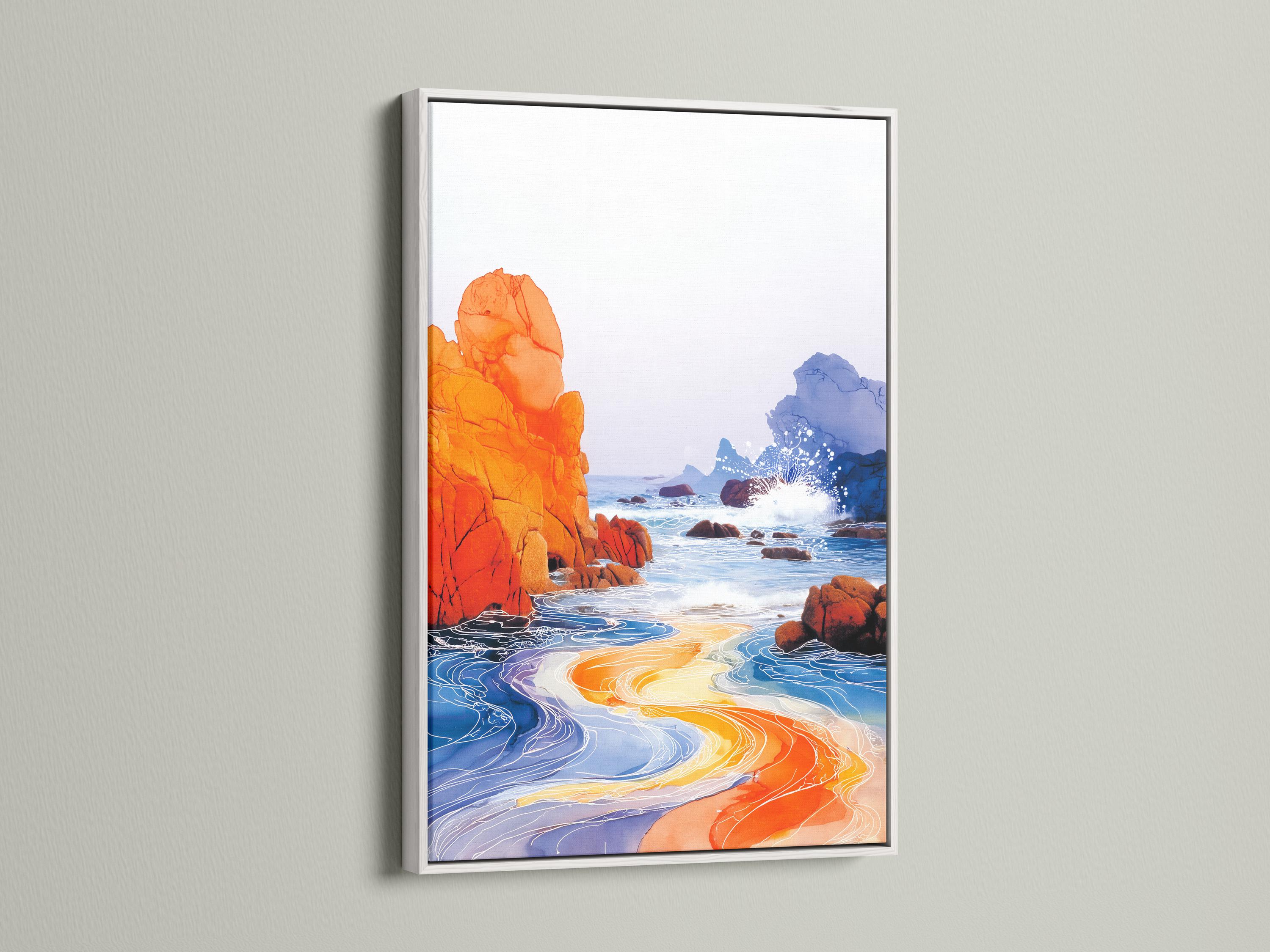 Orange and blue coastal seascape with foamy white waves and rocky cliffs detail view
