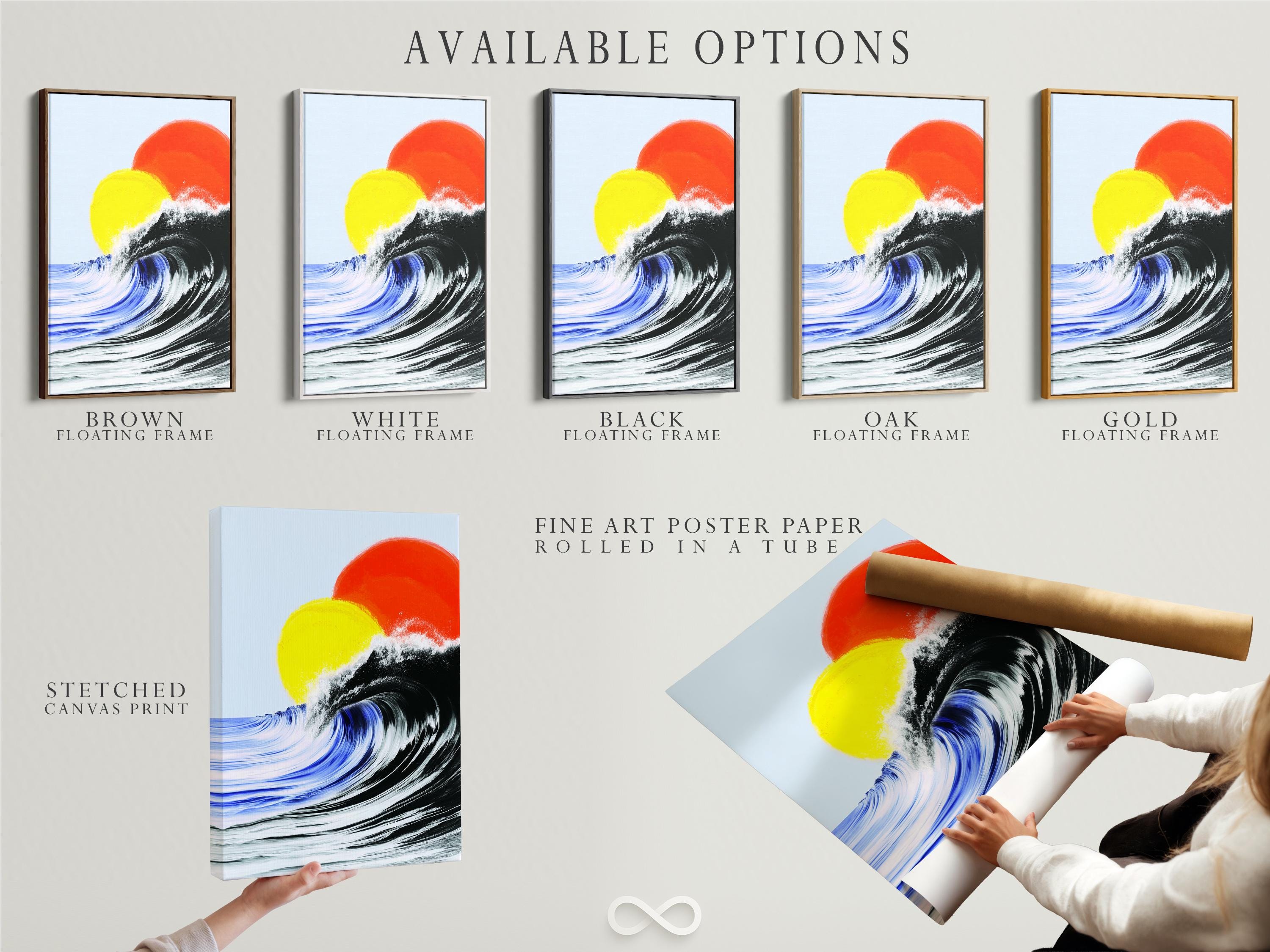 Room mockup showing a framed abstract ocean artwork on a wall near an open window and lounge area