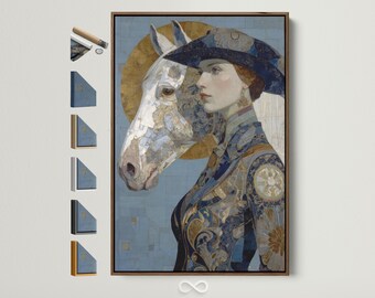 Art Nouveau Woman and Horse Canvas Print - Blue & Gold Portrait, Vintage Equestrian Wall Art, Ornamental Decor for Boutique, Living Room Art