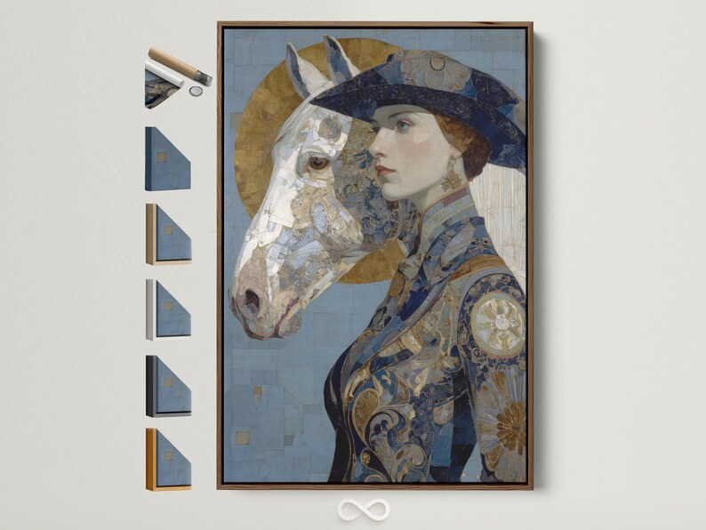 Ornamental blue and gold portrait showing a woman in profile with a horse head beside her