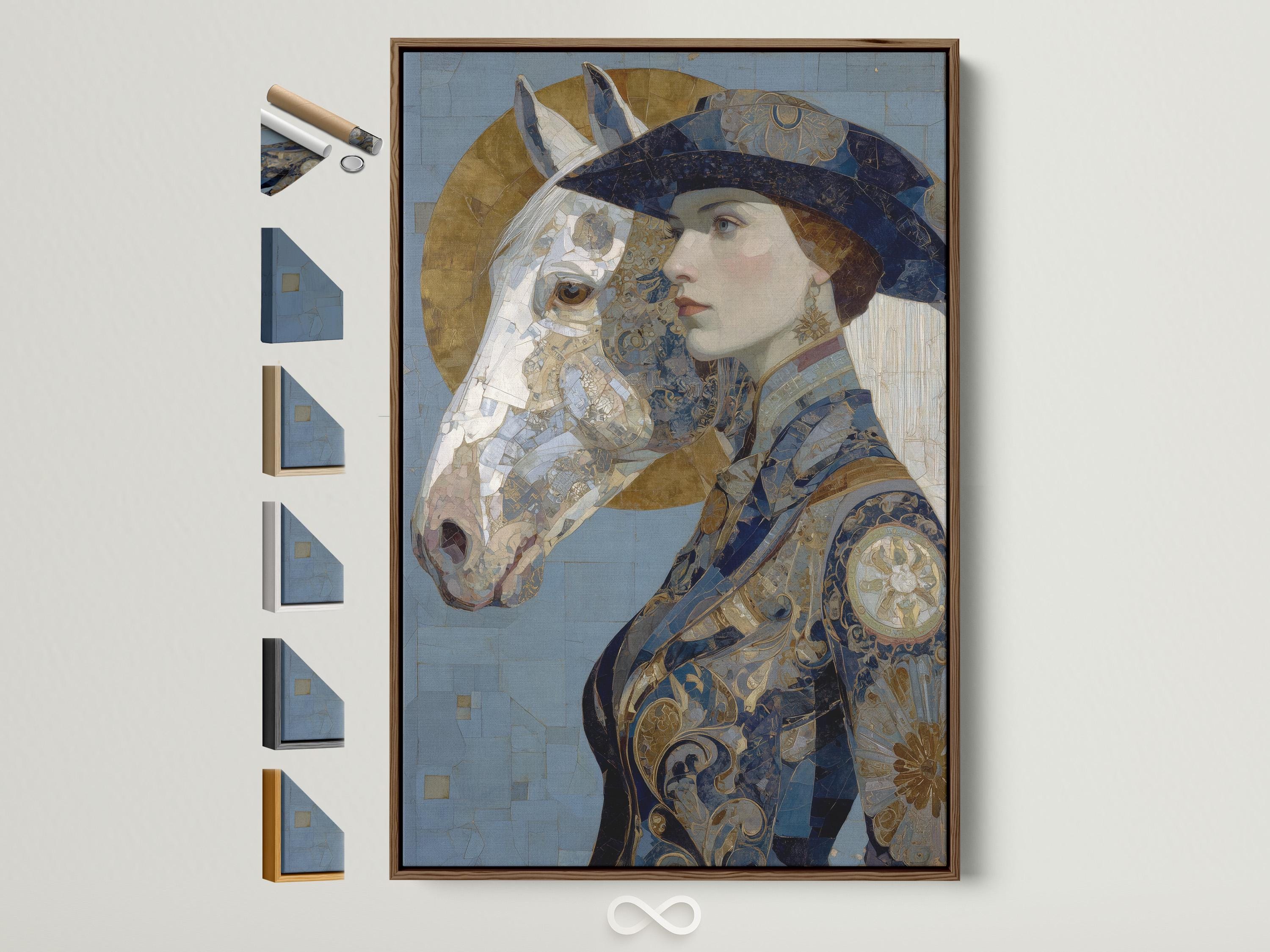 Ornamental blue and gold portrait showing a woman in profile with a horse head beside her