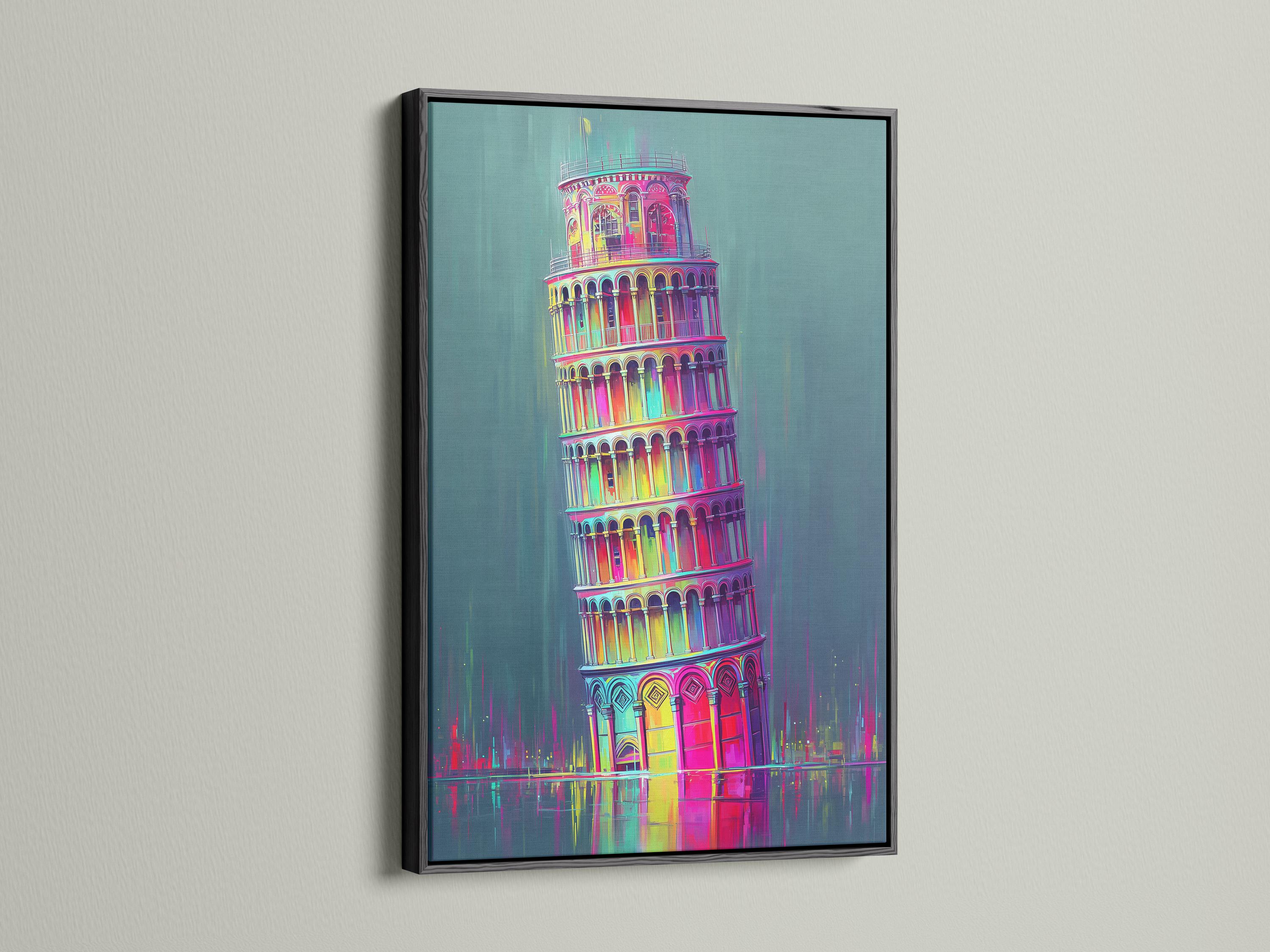 Mockup showing a framed neon rainbow Leaning Tower of Pisa illustration on a wall