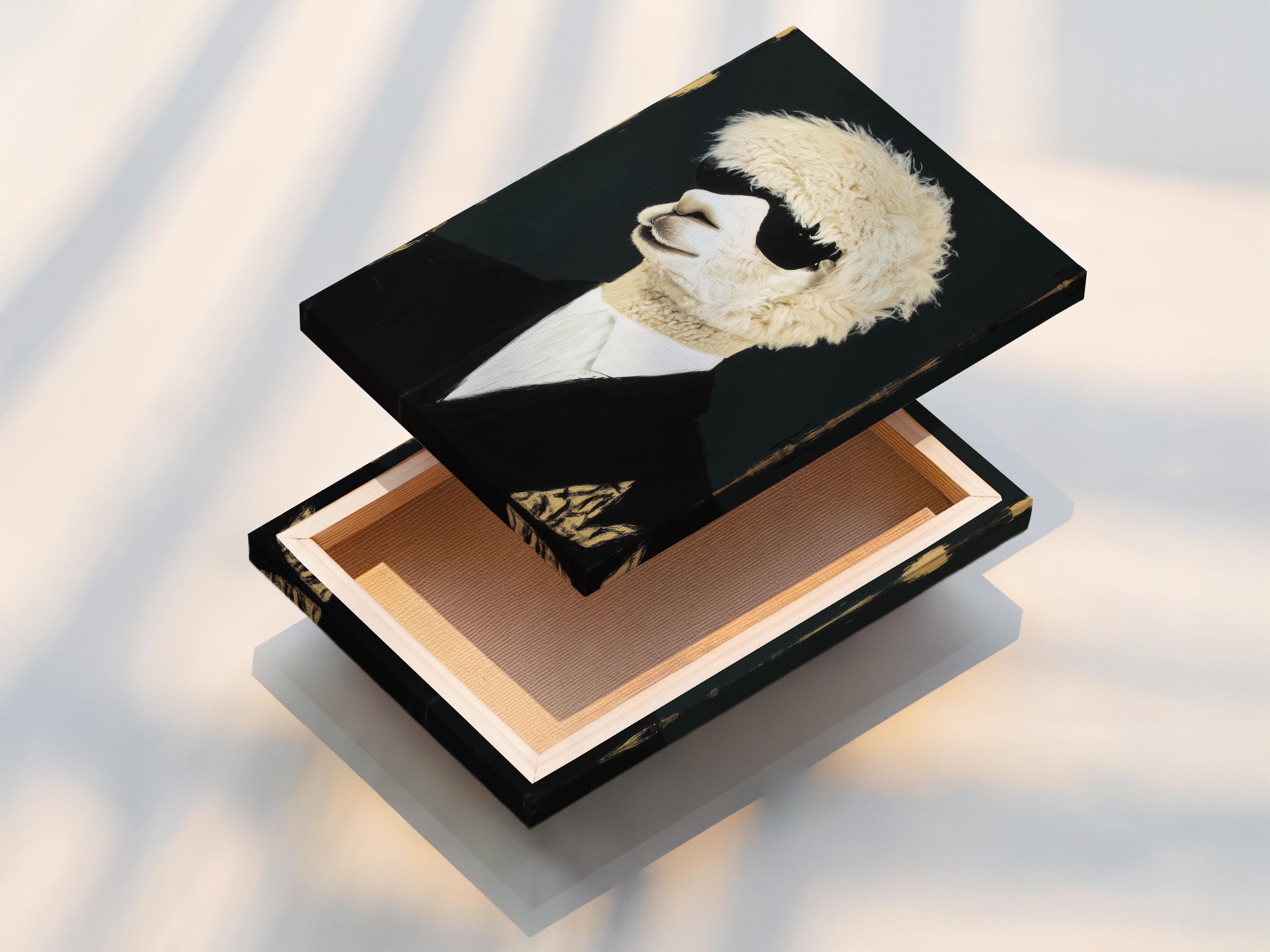 Room mockup showing a framed alpaca portrait artwork with cream fur and a dark suit