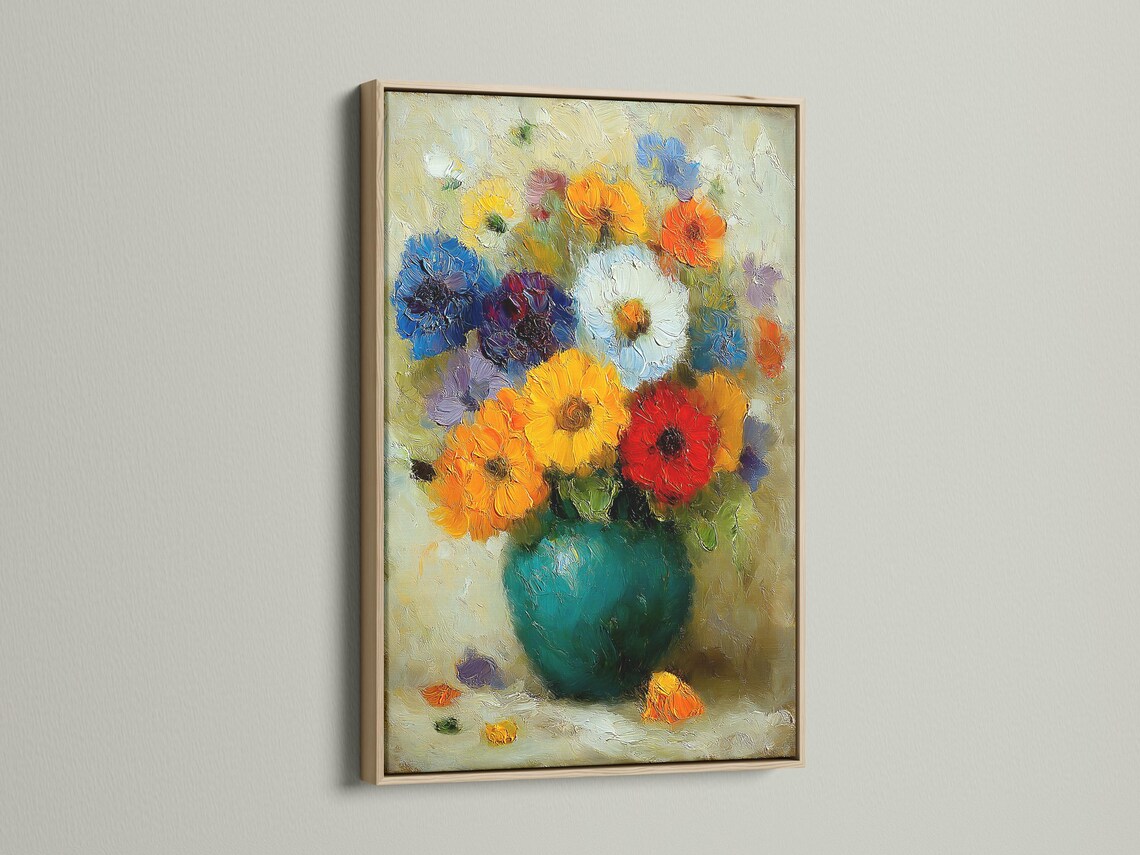 Painterly impressionist bouquet of multicoloured flowers on a creamy textured background detail view