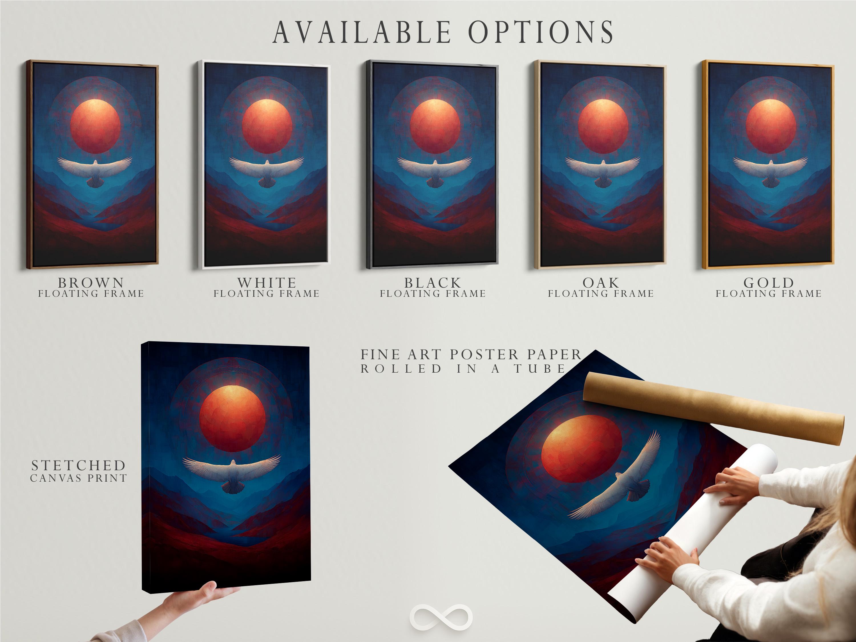 Artwork mockup showing a framed eagle over a blue and red mountain landscape with a glowing red sun