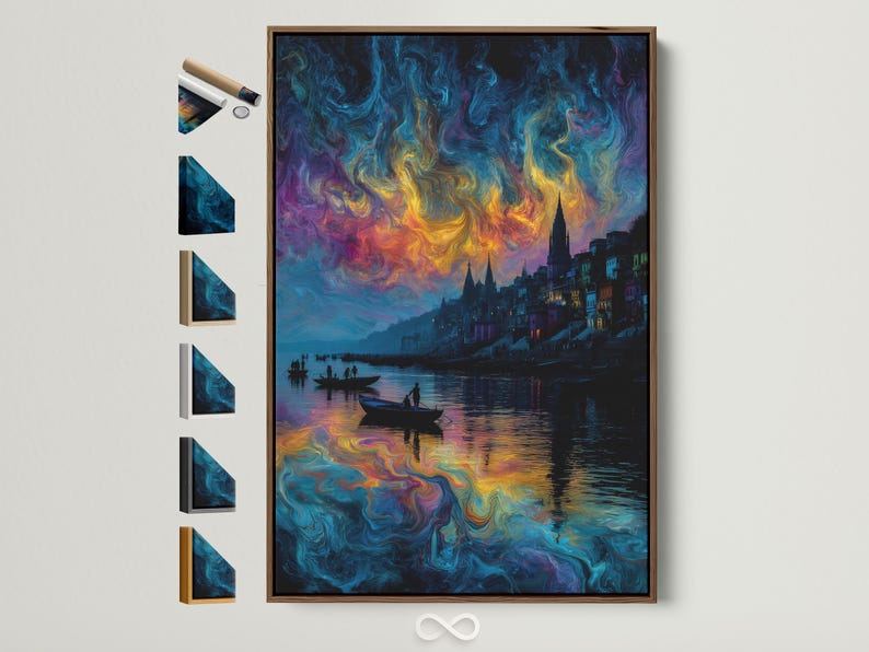 Swirling abstract city skyline with bright colours reflecting on the water and dark boats