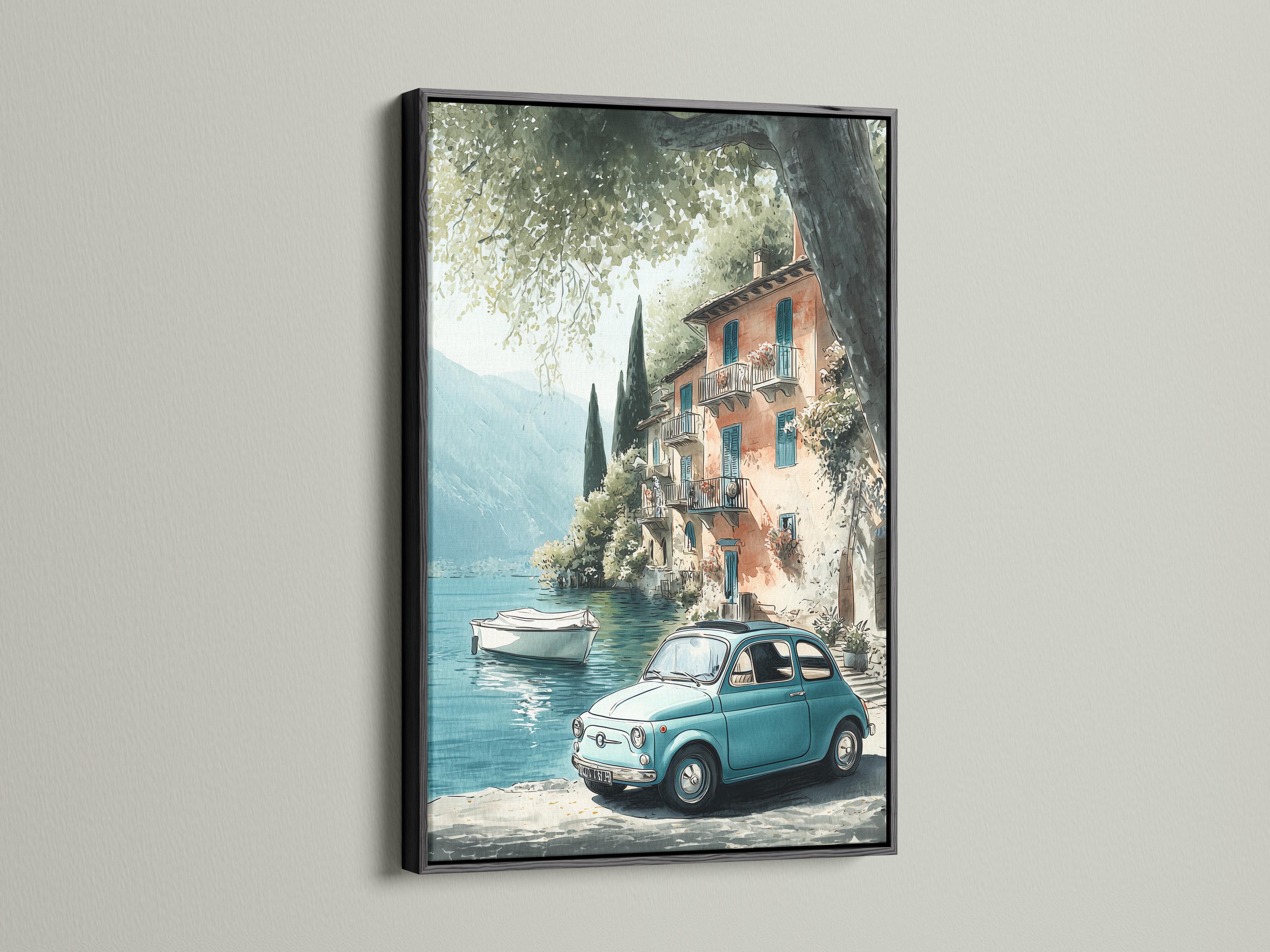 Painterly lakeside village scene with blue water, pastel houses, leafy trees and a light-blue vintage car detail view