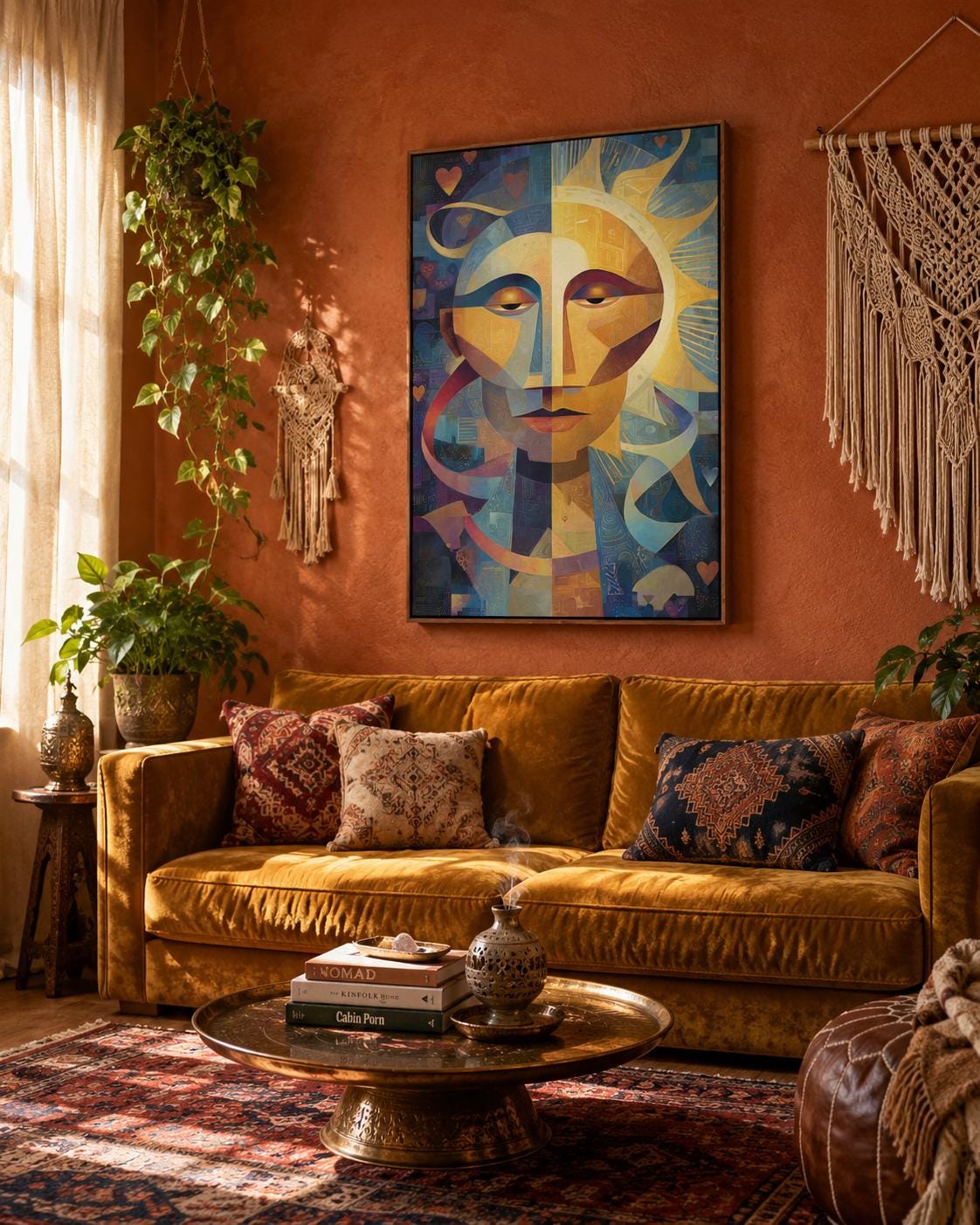 Geometric abstract face with a golden sunburst centre, blue and gold shapes, and small heart motifs detail view