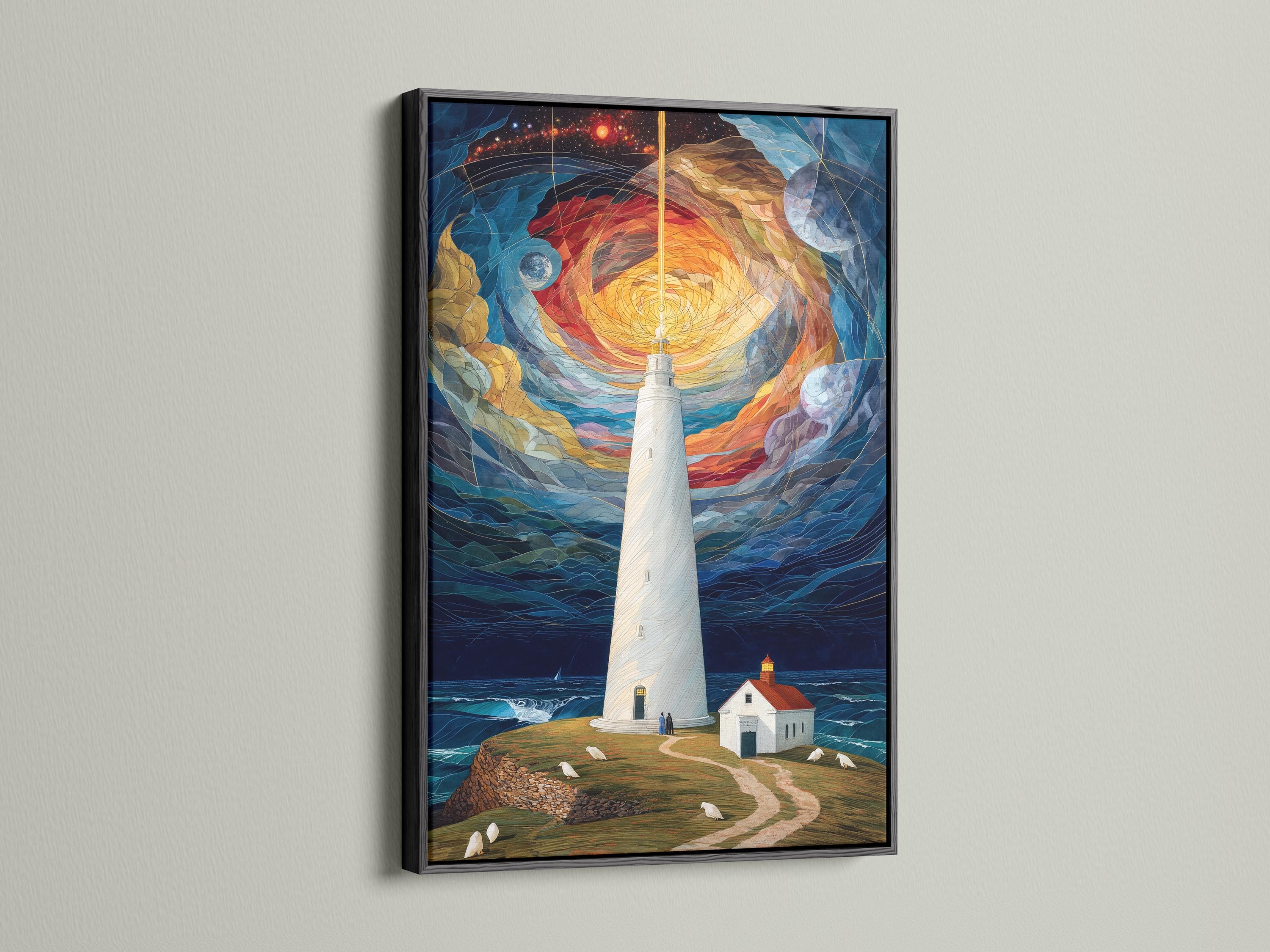 Lighthouse on a coastal shore under a swirling starry sky with glowing warm light detail view