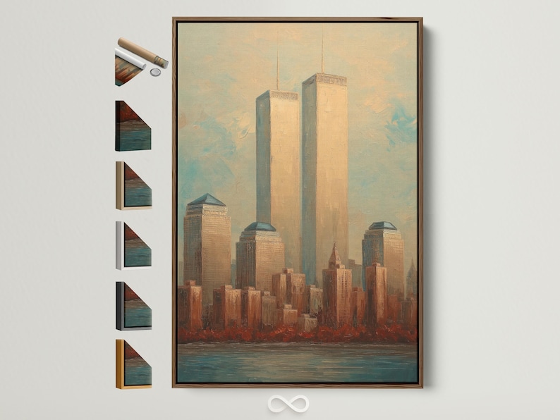 Stylised skyline with two twin towers, warm beige buildings and blue-green water foreground