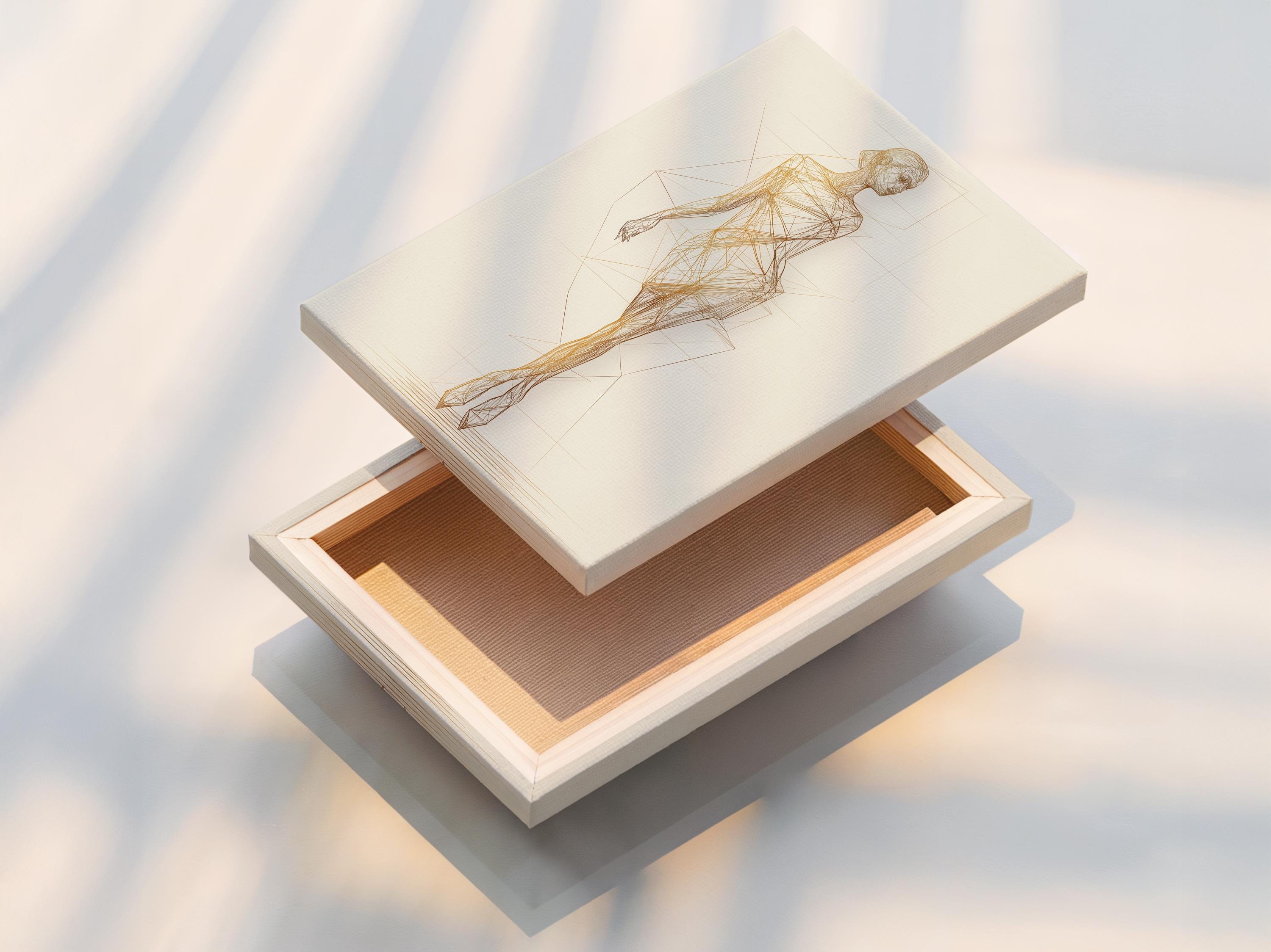 Minimalist gold line drawing of a standing woman with faint geometric grid lines detail view
