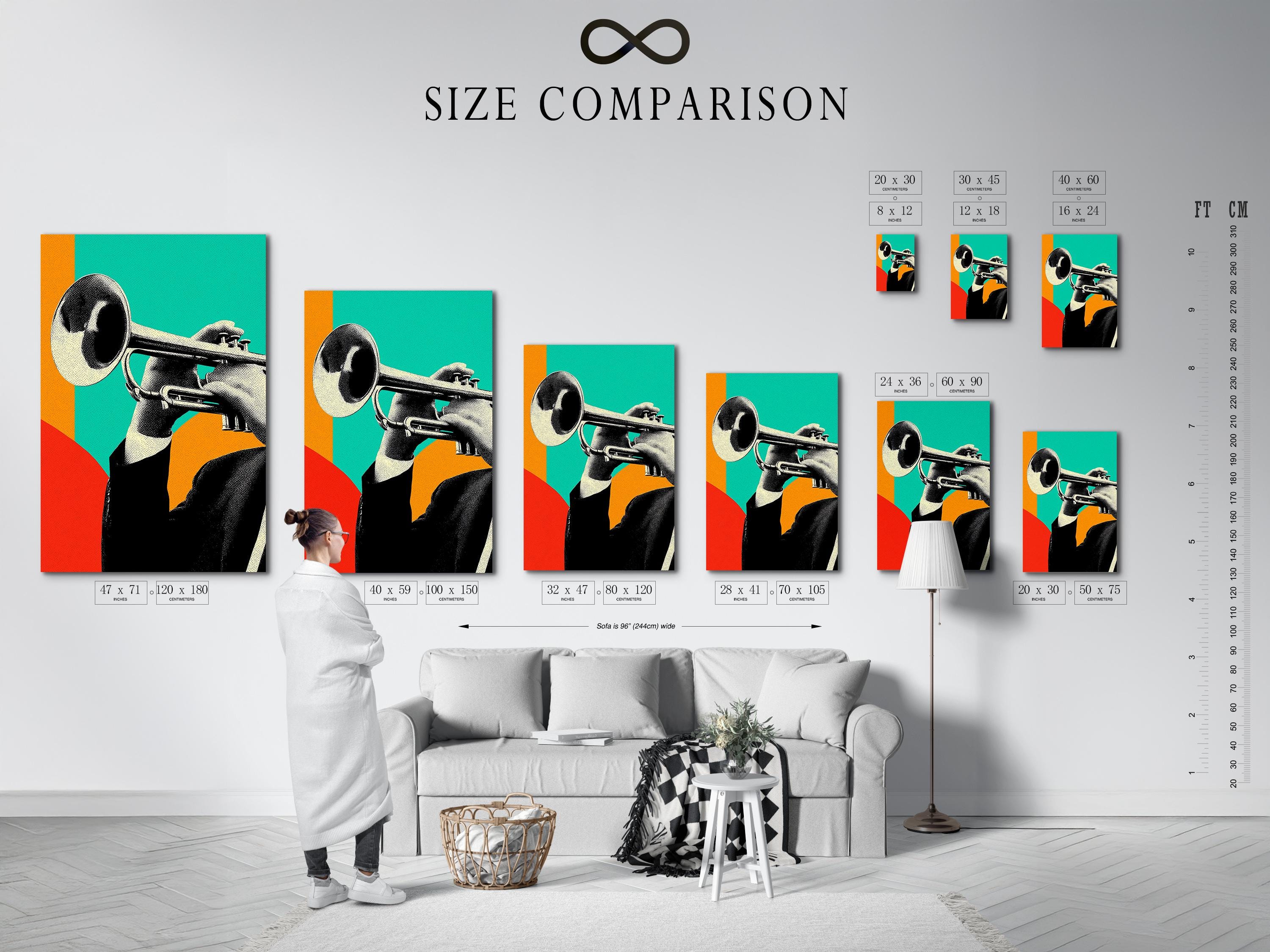A retro-style illustration of a jazz trumpet player is shown in bold teal, orange and red blocks with strong black-and-white detailing detail view