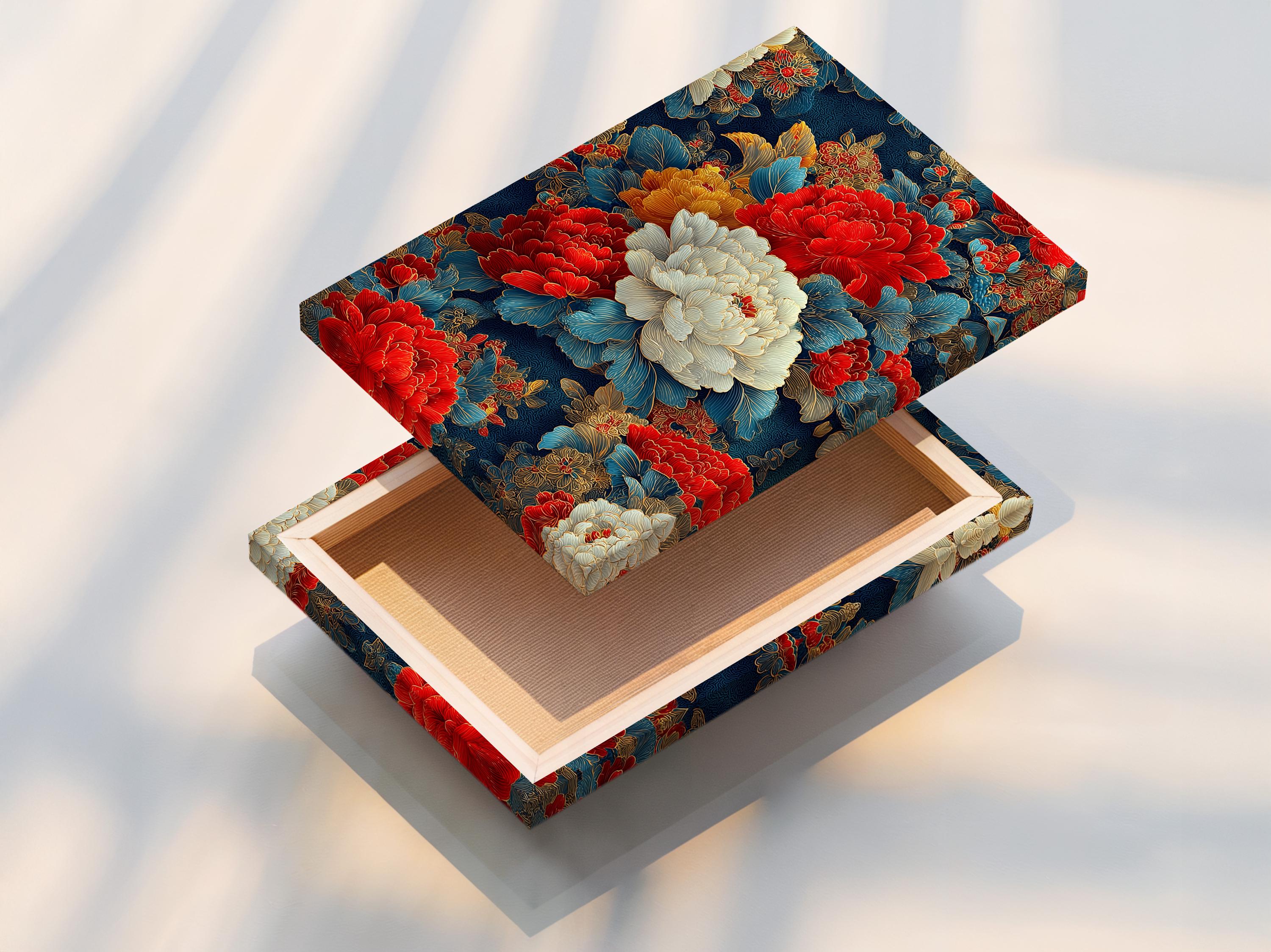 Wall mockup showing an ornate floral artwork with red peonies and cream petals framed against a light background