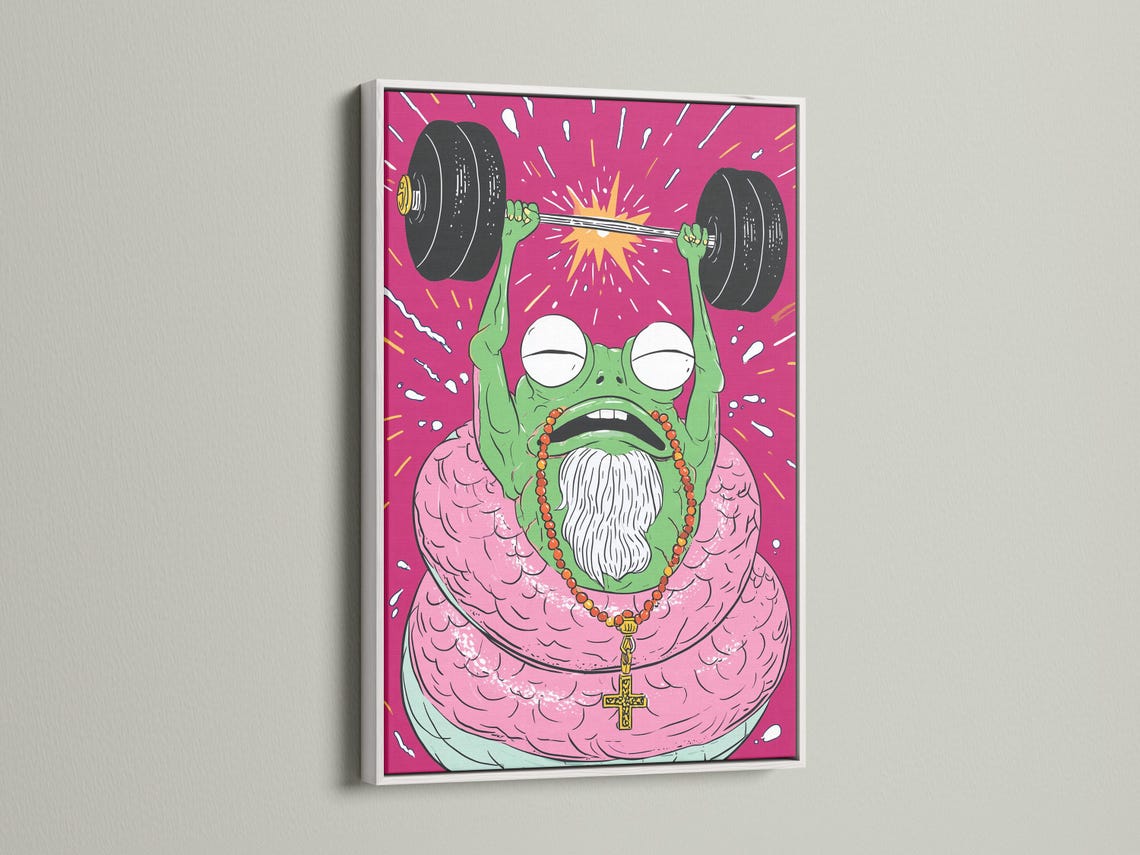 Cartoon frog weightlifter lifting dumbbells in a hot pink burst background detail view