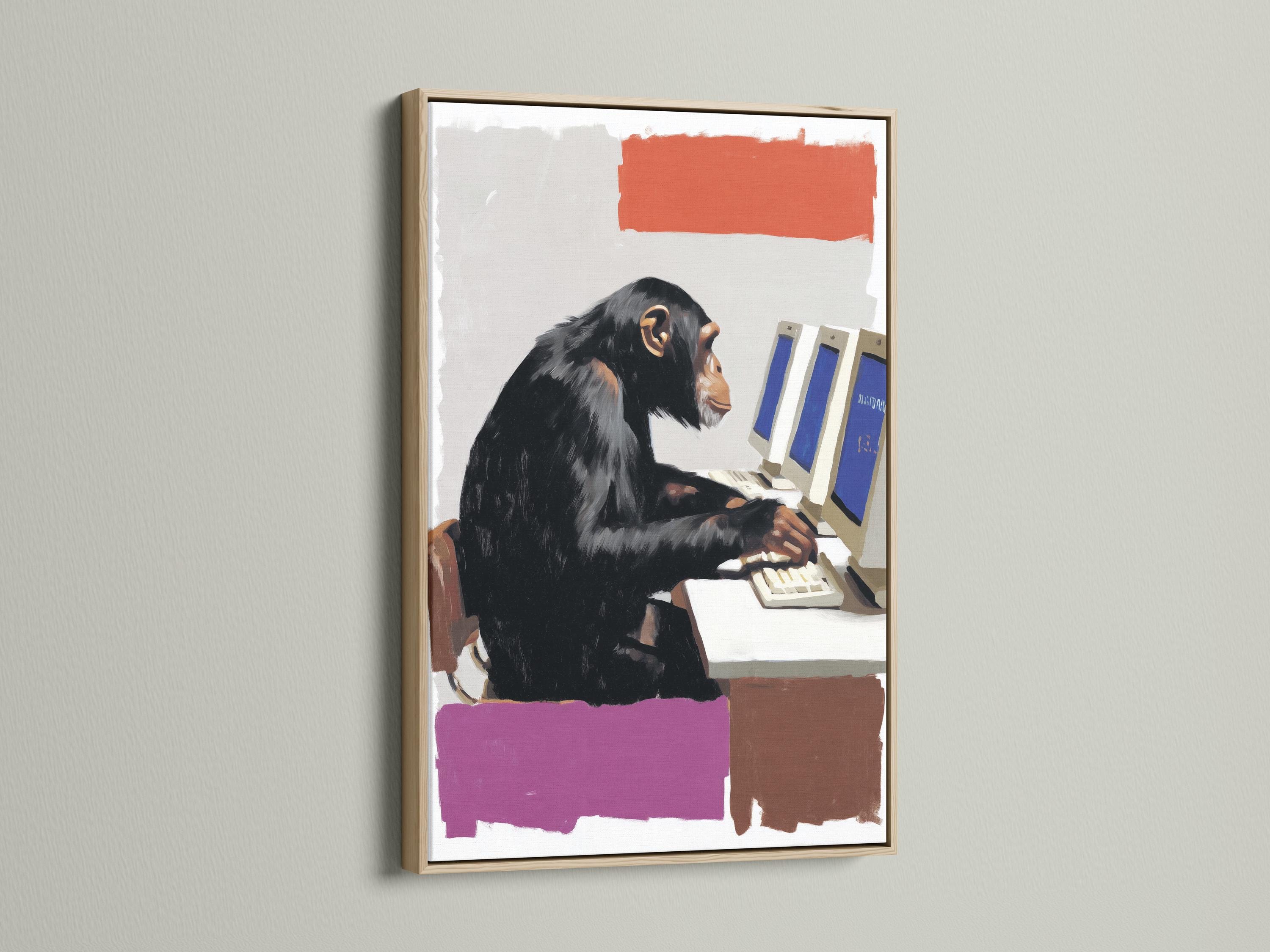 Stylised chimpanzee at a computer with purple and cream blocks and blue screen accents detail view