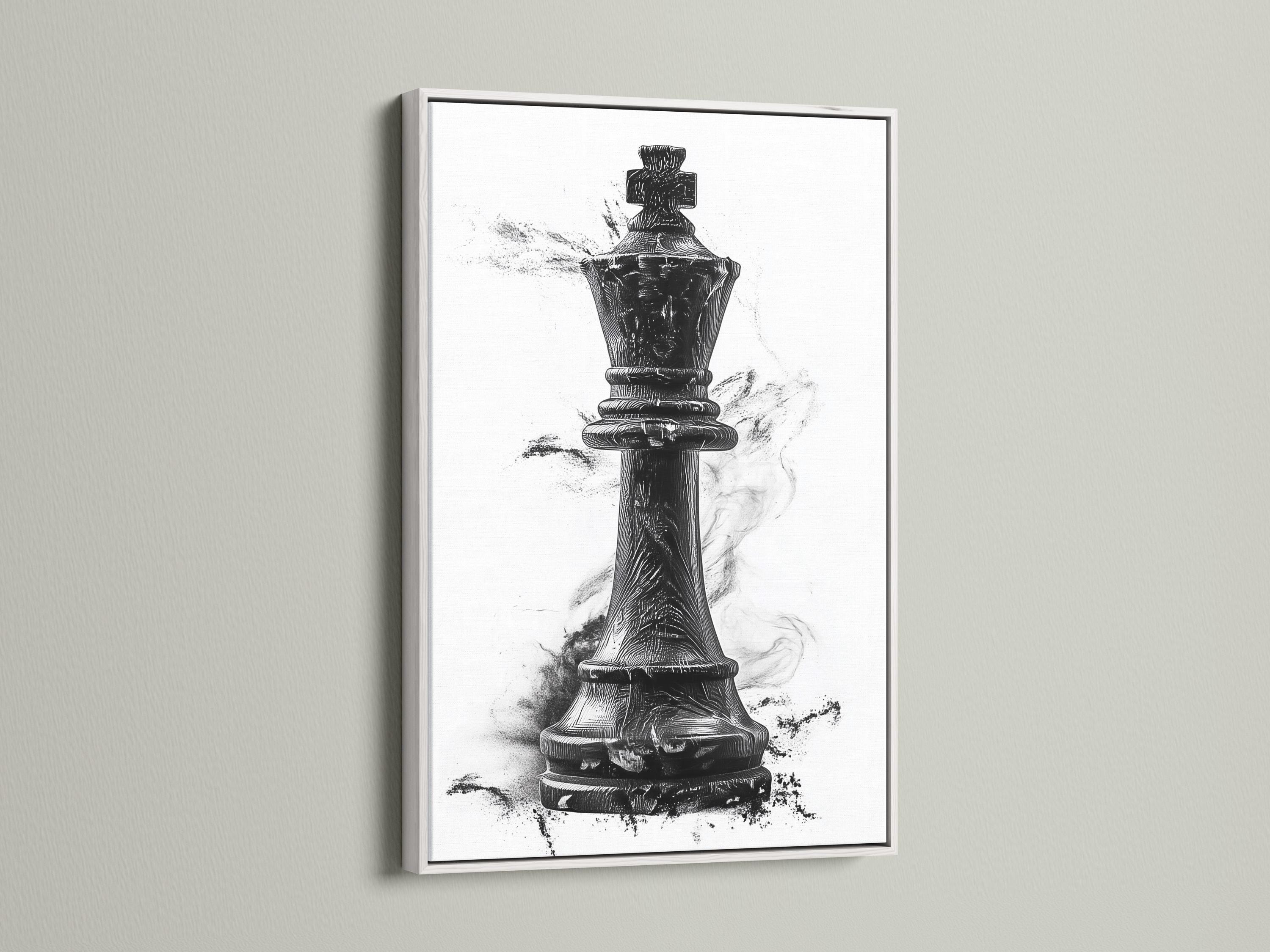 Black and white illustration of an upright chess piece with grey ink splatter marks detail view