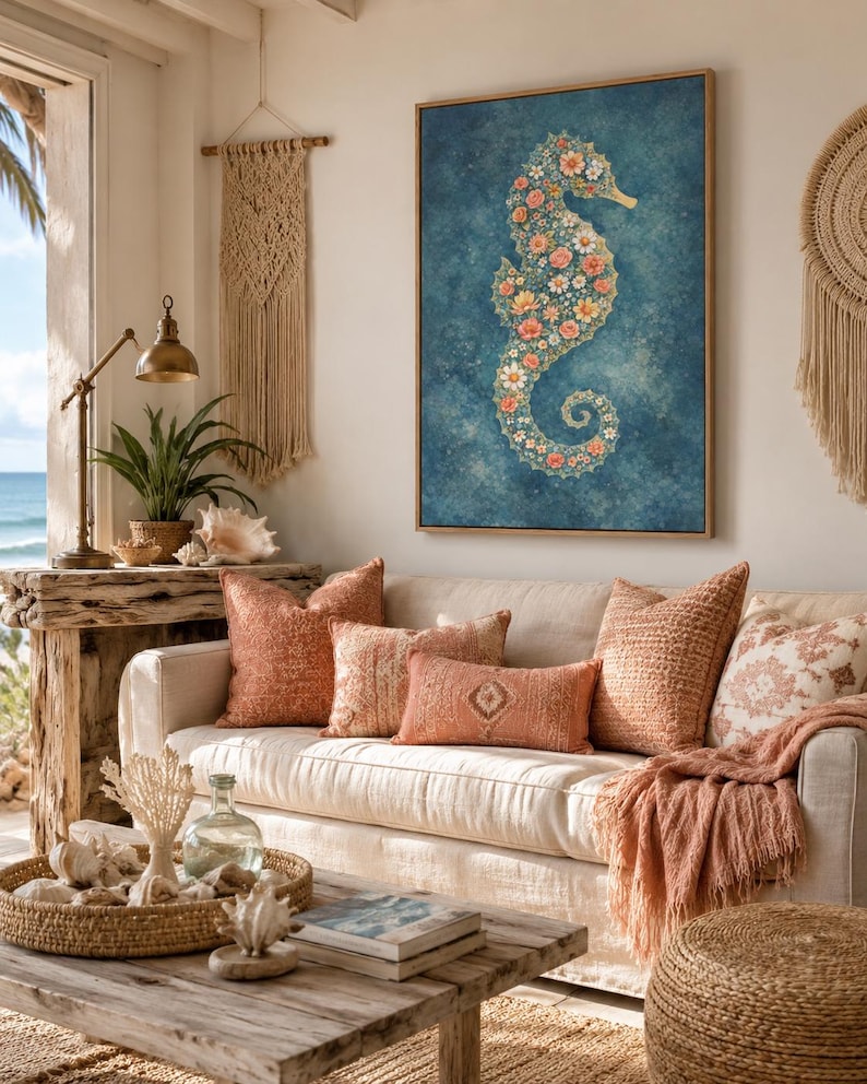 Blue floral seahorse silhouette with coral-pink roses and white daisy flowers