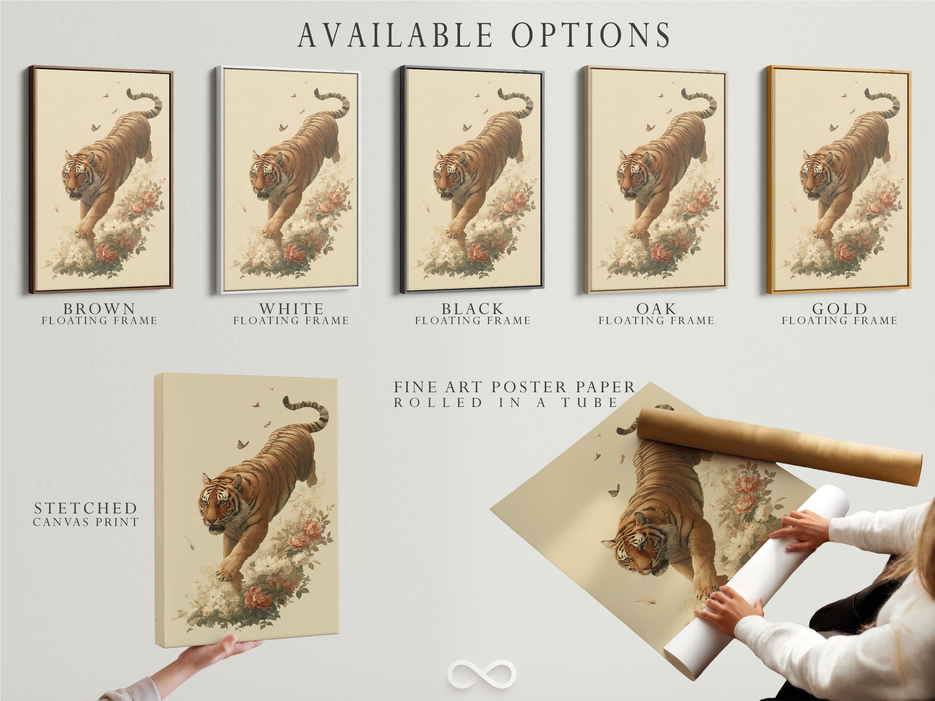 Framed tiger and flowers botanical artwork mockup