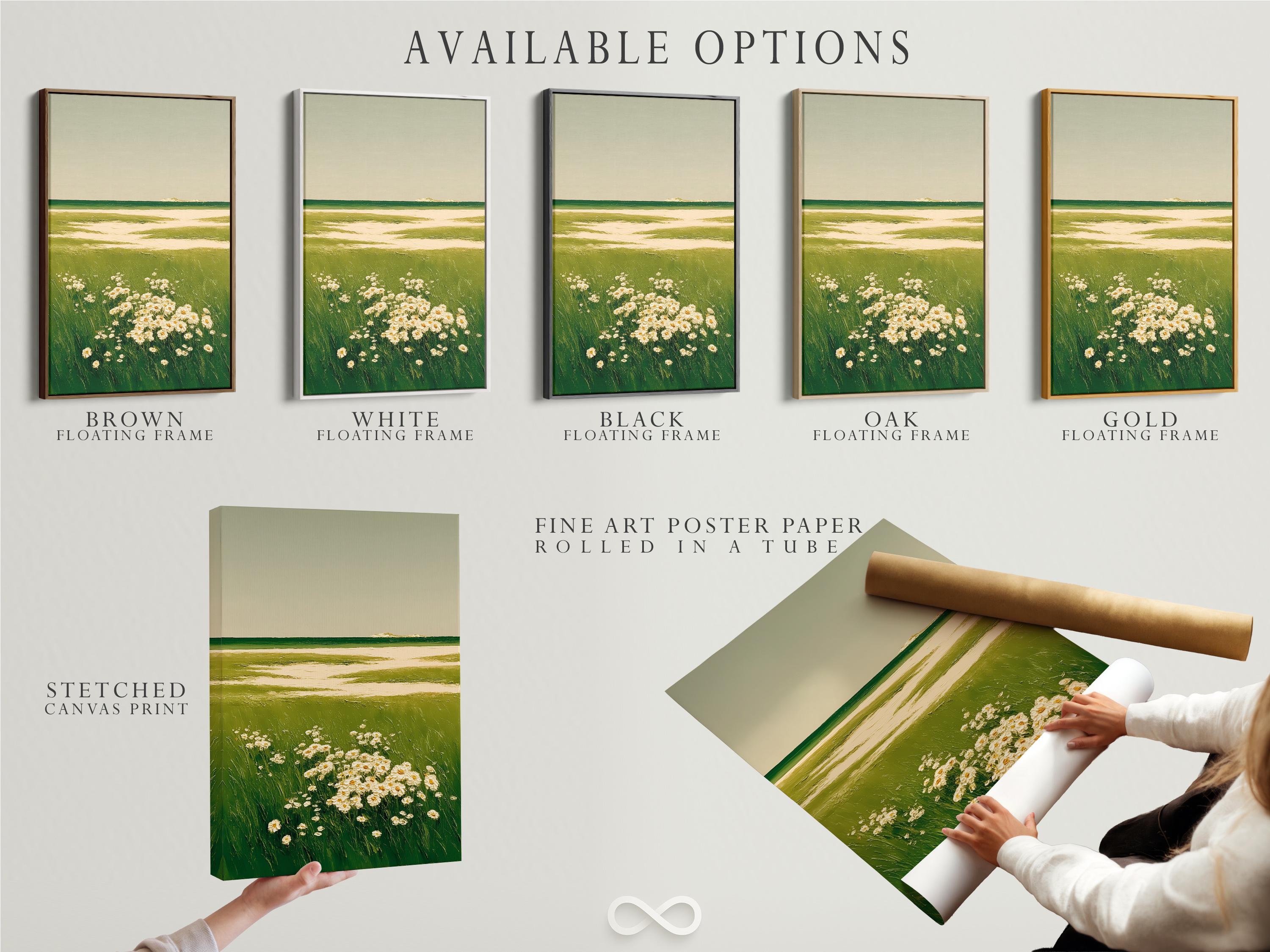 A framed landscape artwork on a light background wall showing green meadow grasses and cream flowers