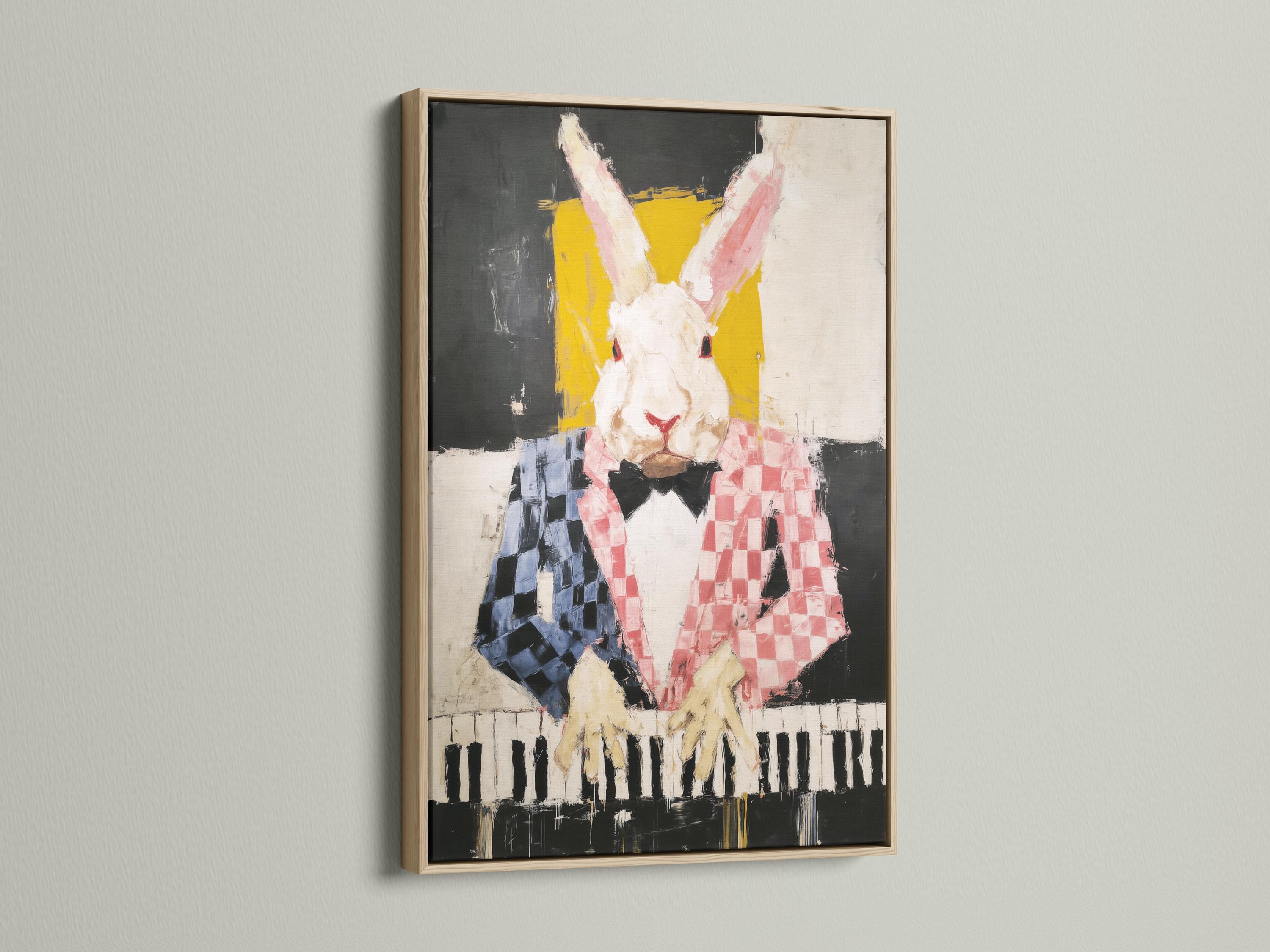 Stylised rabbit playing piano artwork with black, yellow and pink colours detail view