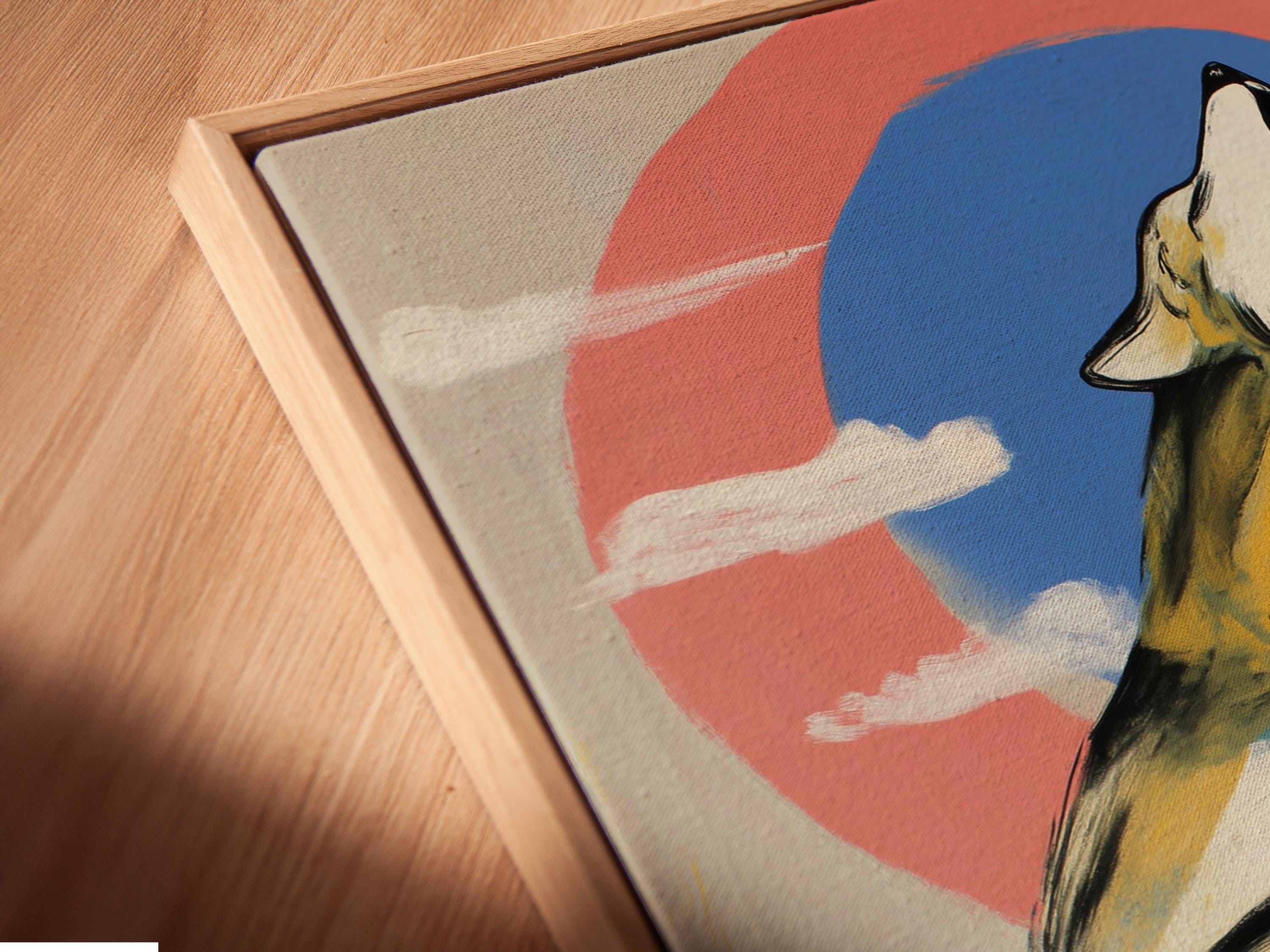 Stylised howling wolf in white and yellow with coral and blue sky circle and reflective lake detail view