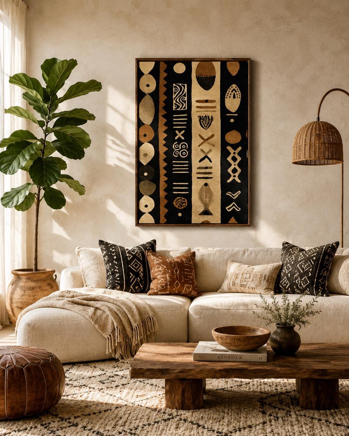Man standing near a wall holding a drink next to a framed geometric tribal pattern artwork