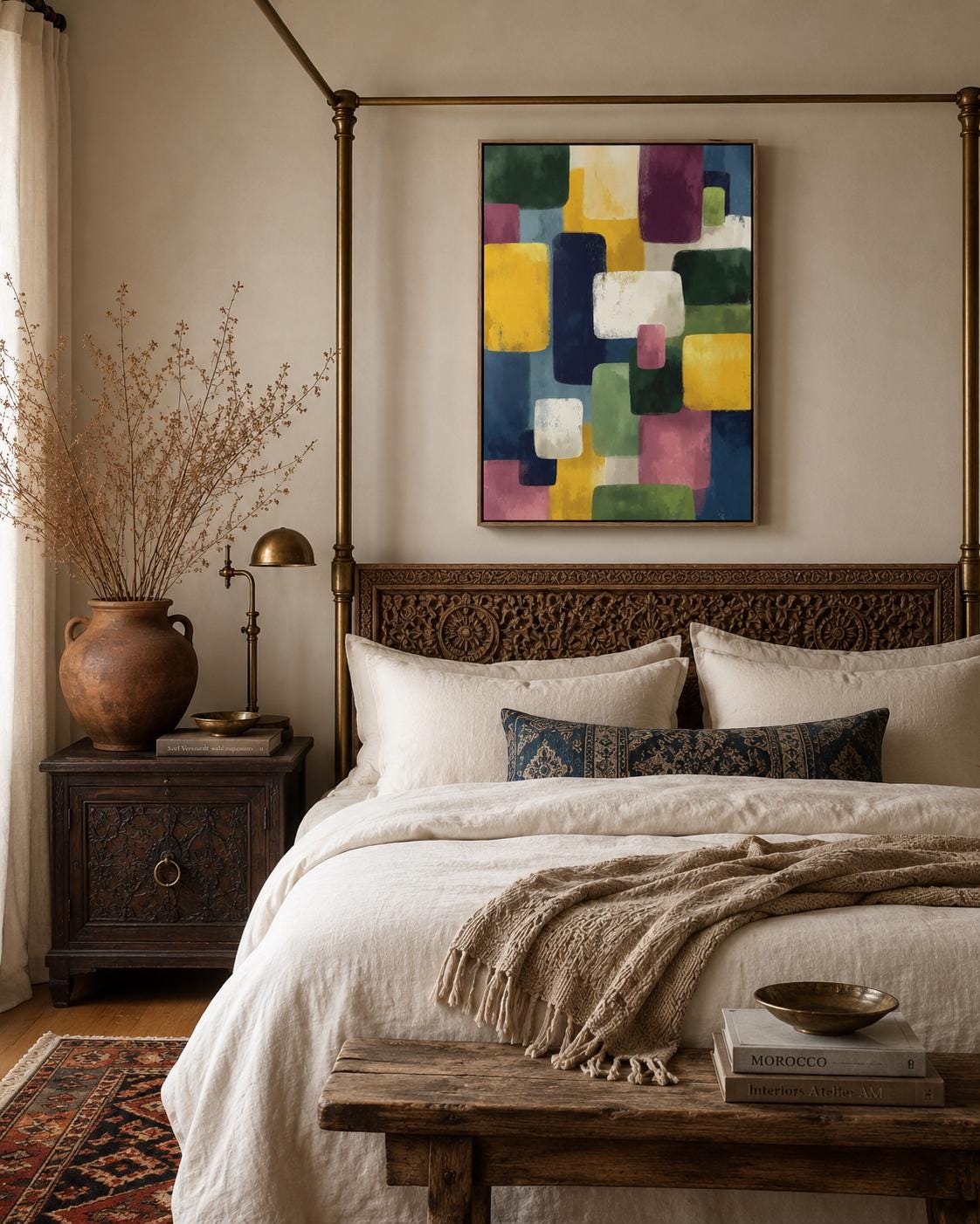 A framed geometric abstract artwork features overlapping colourful blocks—green, yellow, purple, blue and white—arranged in an irregular, layered