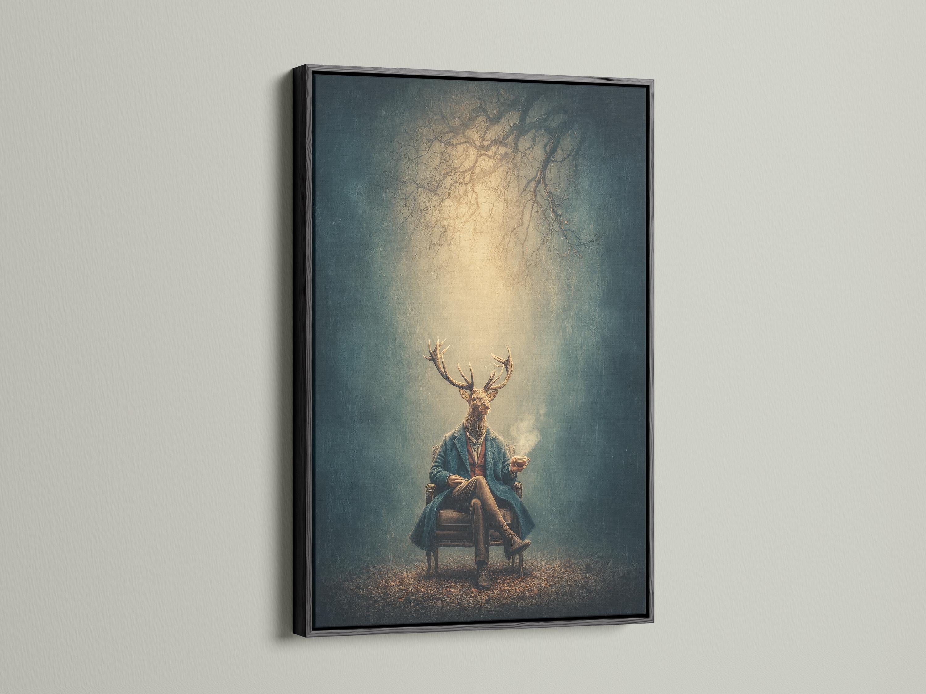 Deer-headed gentleman with antlers in a teal jacket holding a cup, painterly teal and beige portrait detail view