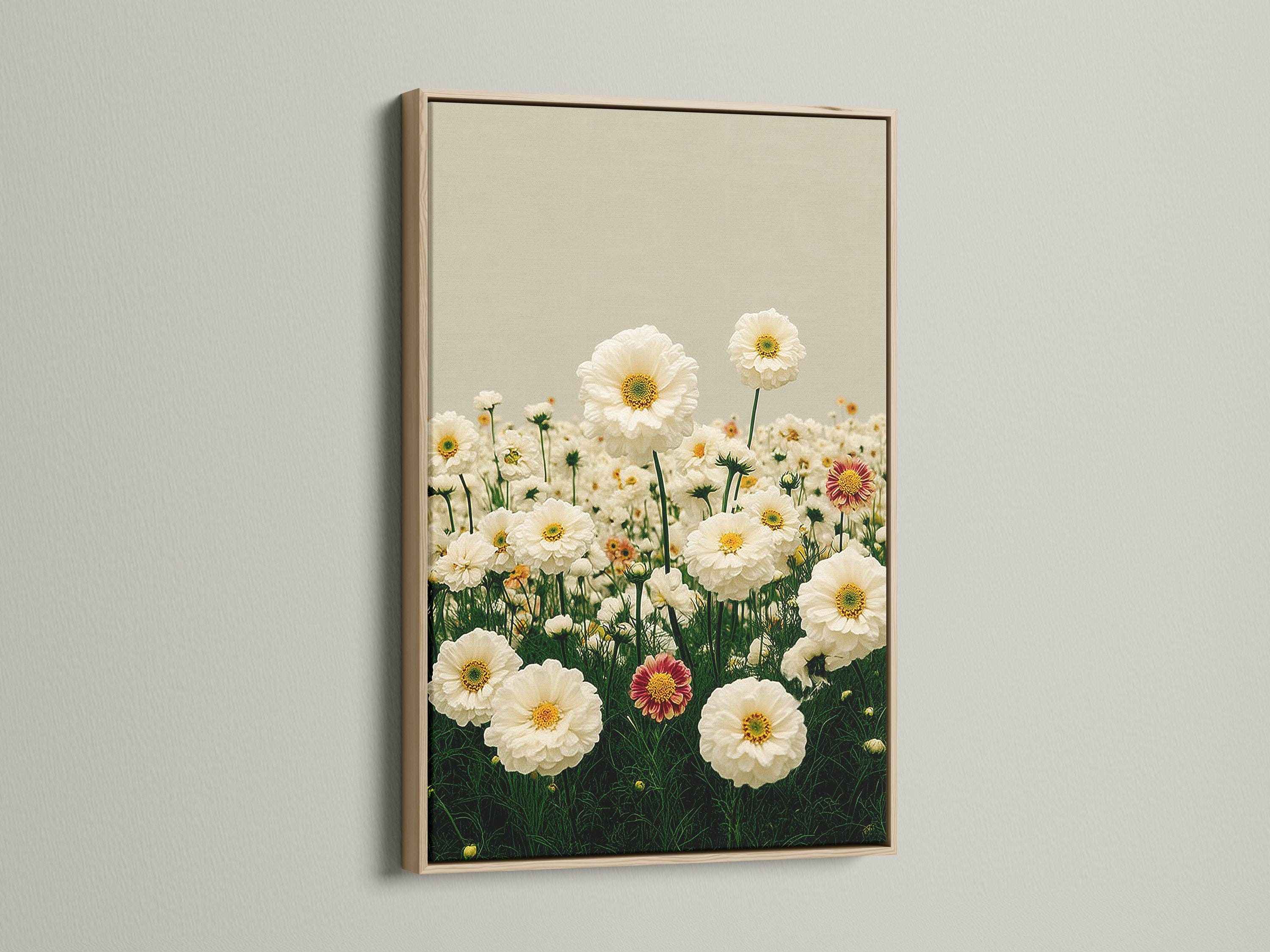 Room mockup showing a person holding flowers beside framed daisy meadow artwork