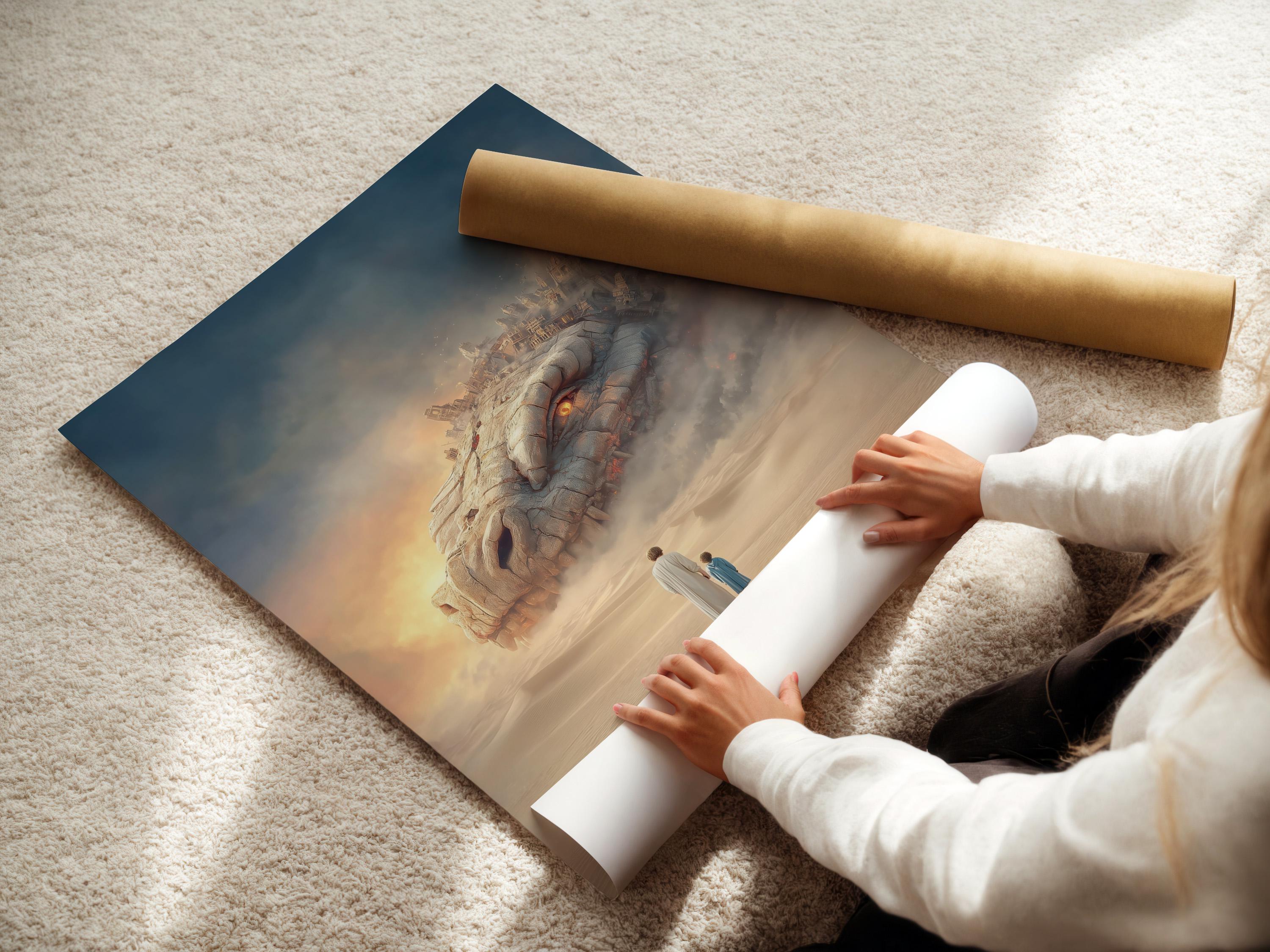 Room mockup showing framed fantasy dragon desert artwork
