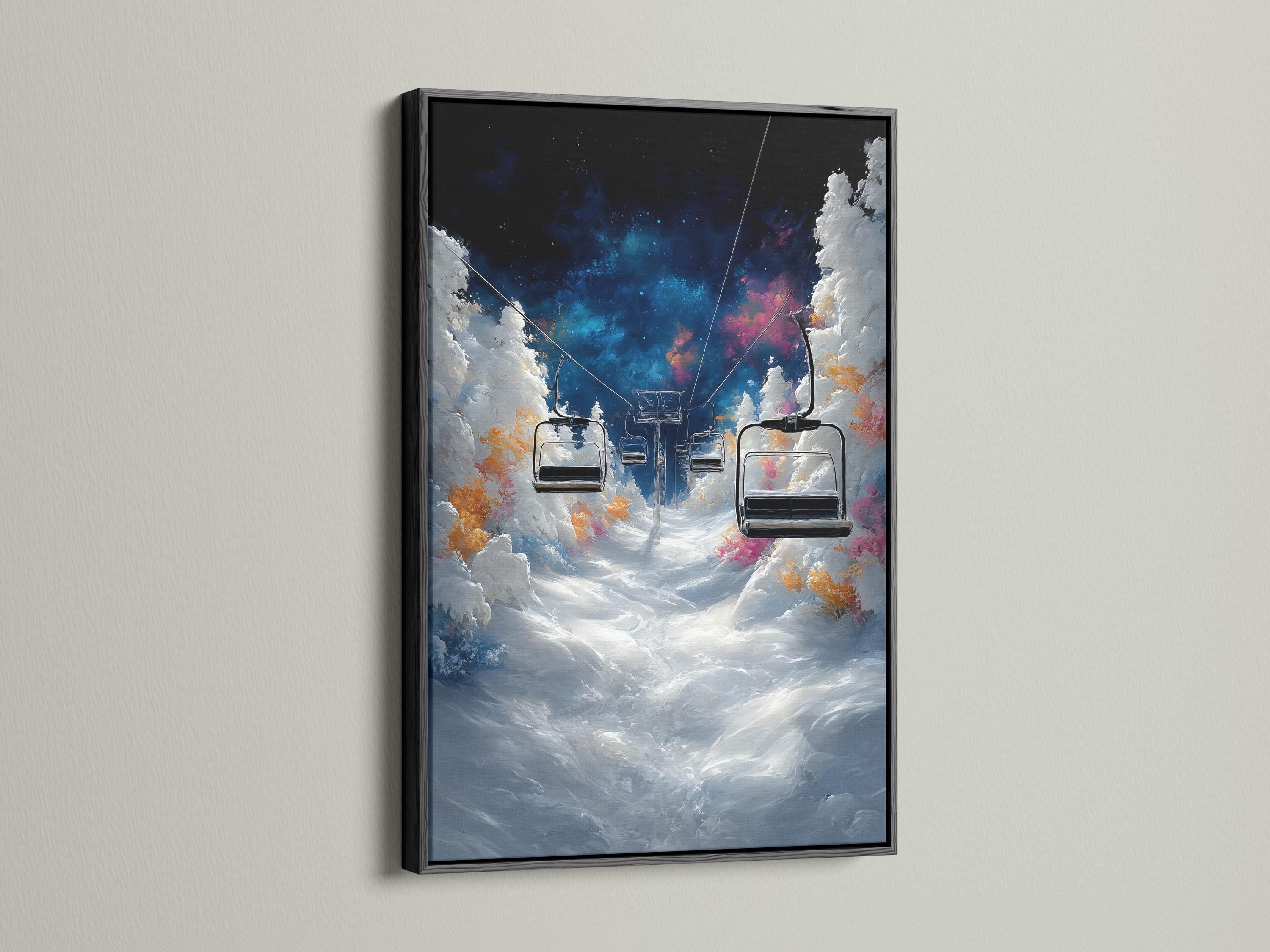 Framed ski lift scene with snowy mountains, chairlift cars and a glowing blue and pink night sky detail view