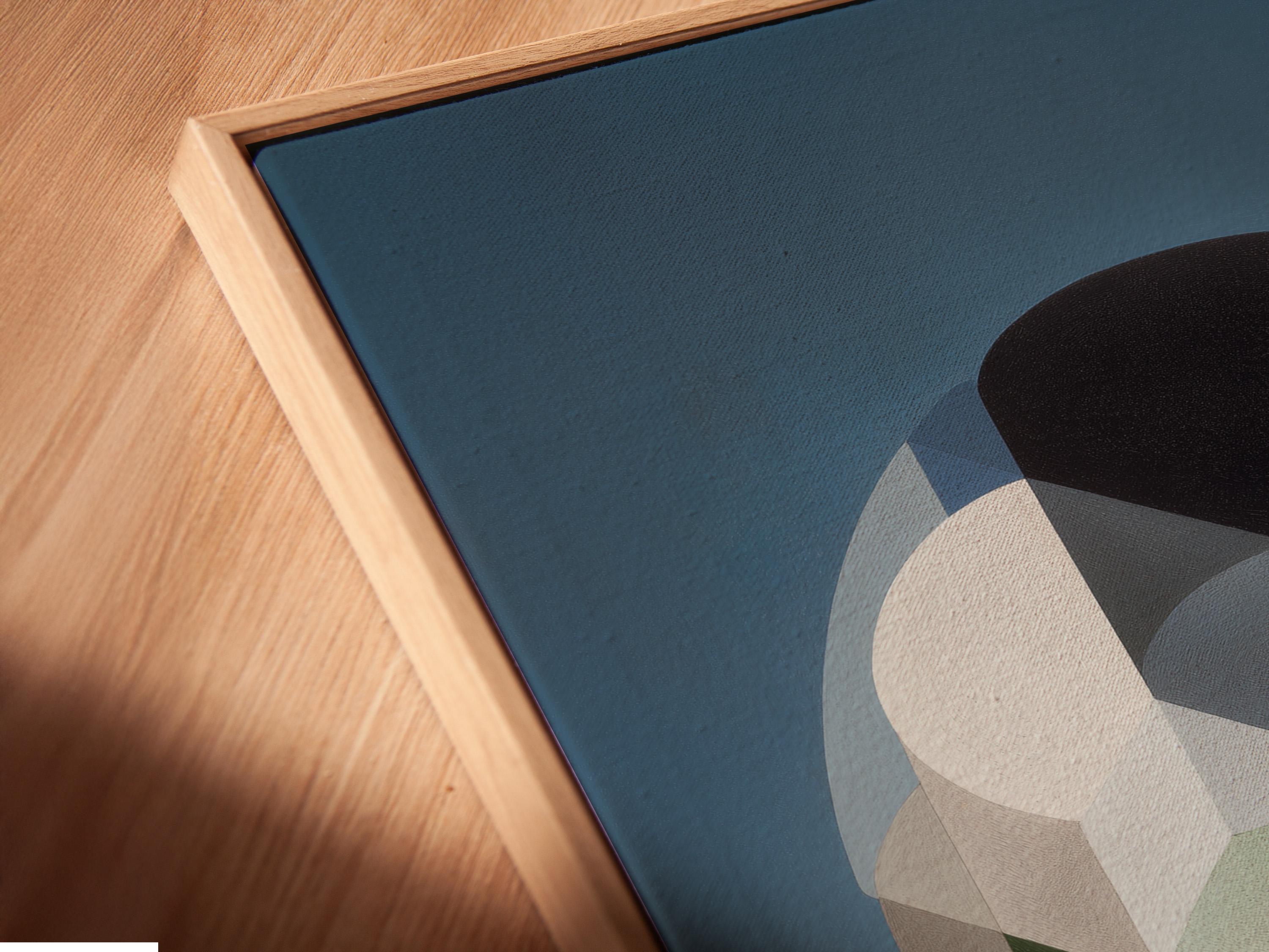 A blue geometric composition features a central rounded cluster of overlapping blocks and circles in cream, grey, dark charcoal, and warm red accents