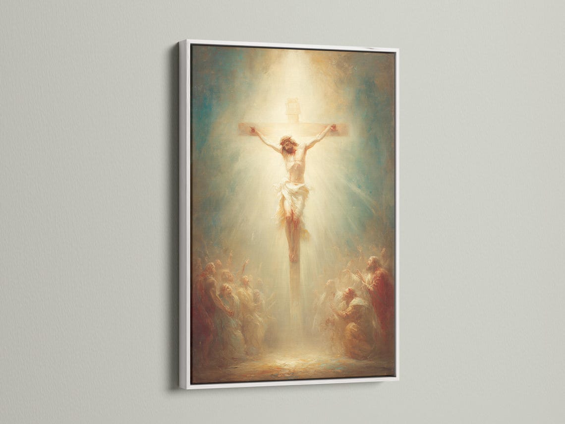 Crucifixion scene with a central figure on a cross and a glowing cream background detail view