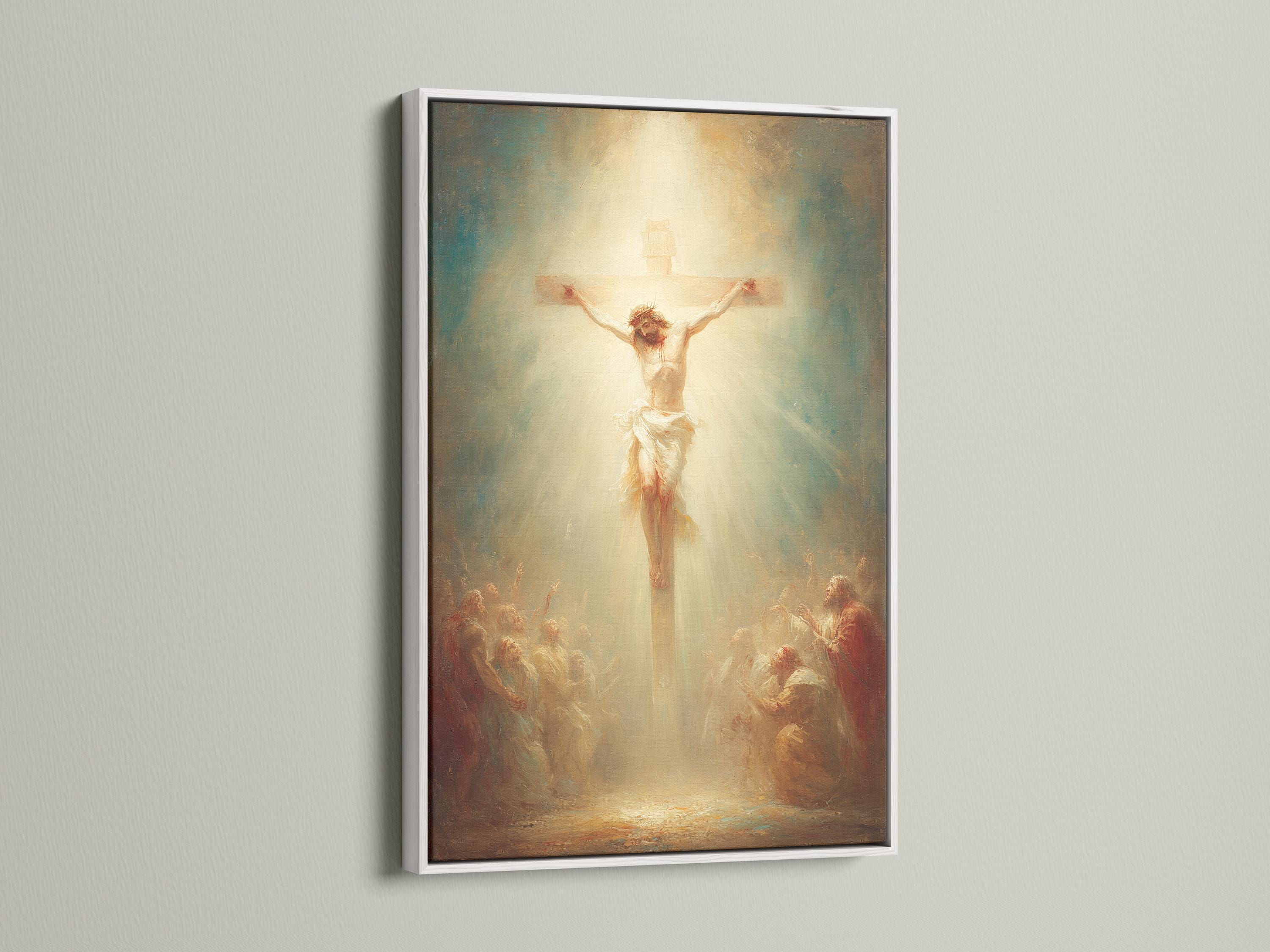 Crucifixion scene with a central figure on a cross and a glowing cream background detail view