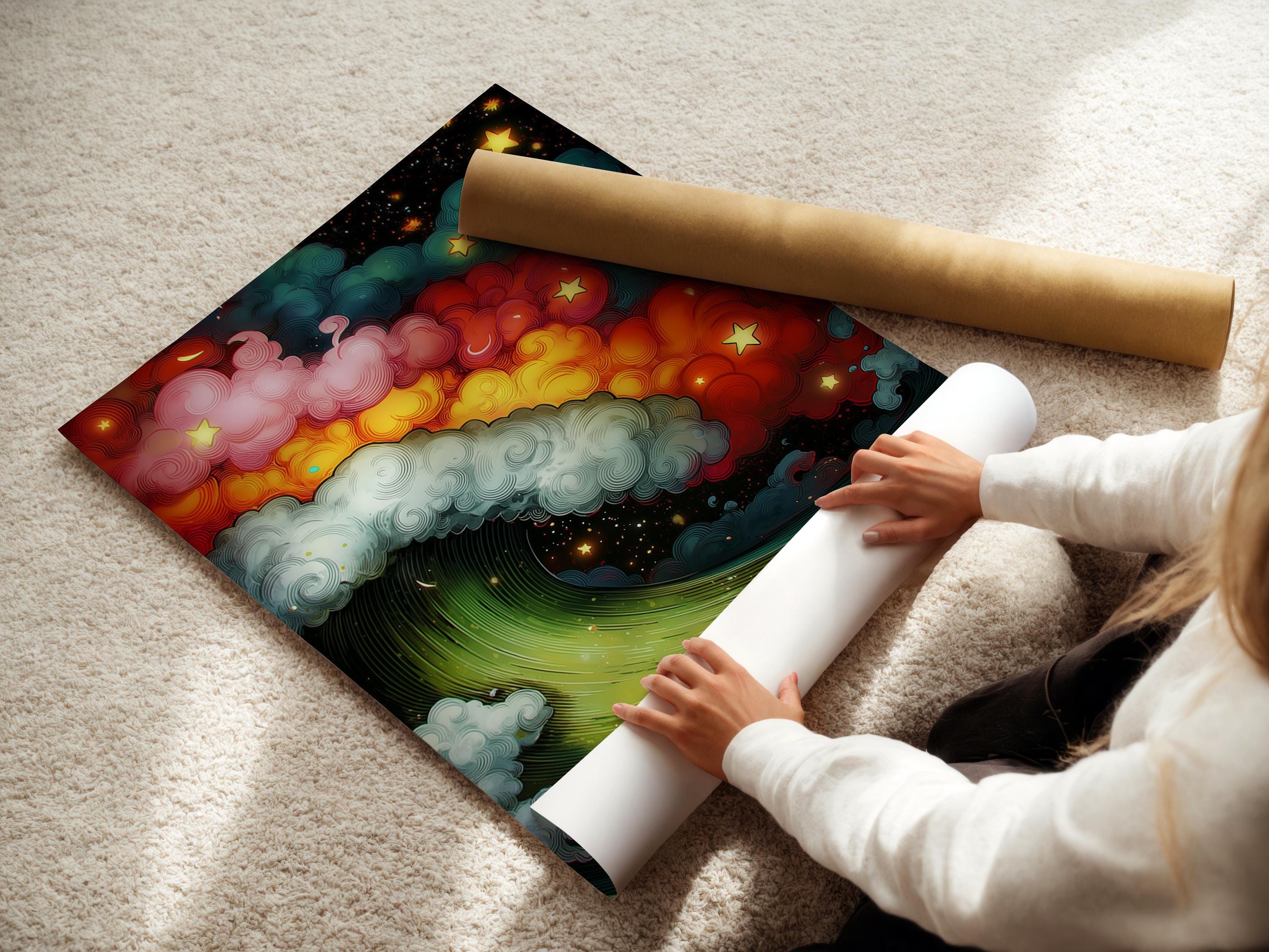 Starry ocean wave artwork with swirling clouds and gold stars in teal, red, and emerald green detail view