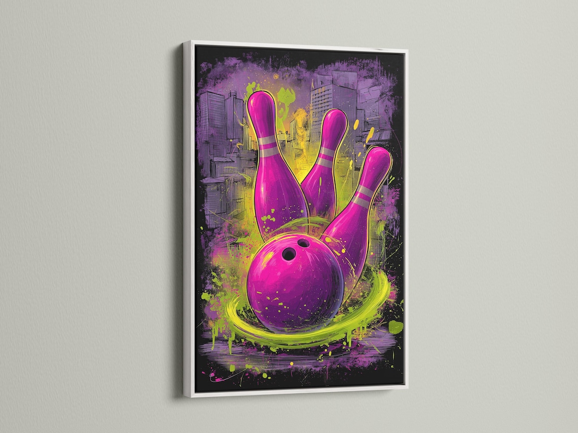 Neon purple bowling pins and ball with lime-green graffiti splashes over a city skyline detail view