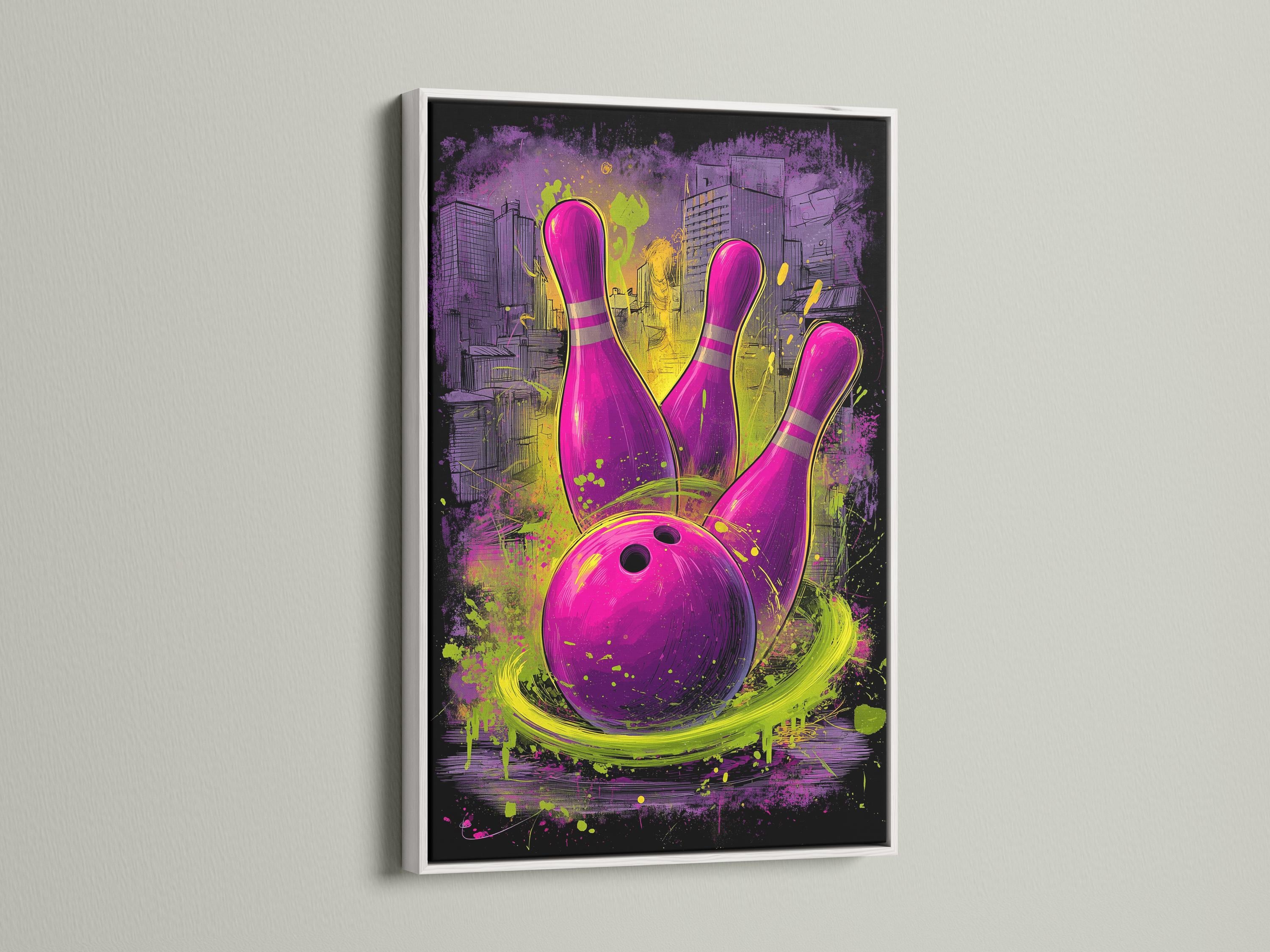 Neon purple bowling pins and ball with lime-green graffiti splashes over a city skyline detail view