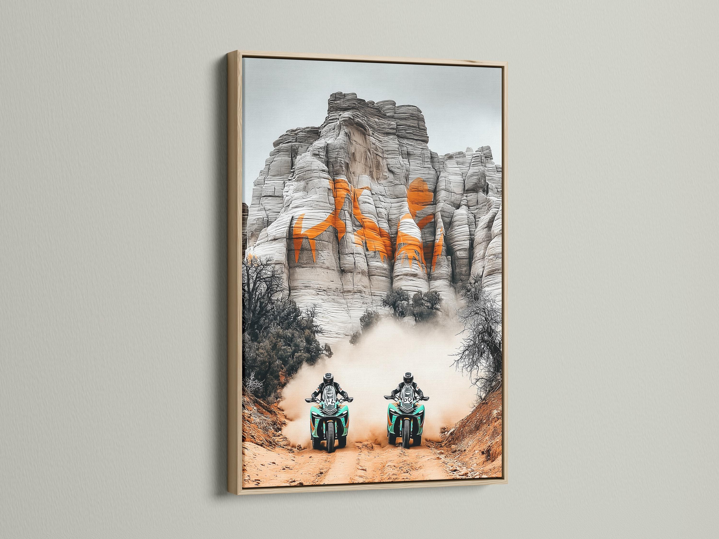 Two off-road motorcycles with turquoise accents racing through desert haze against grey cliffs detail view