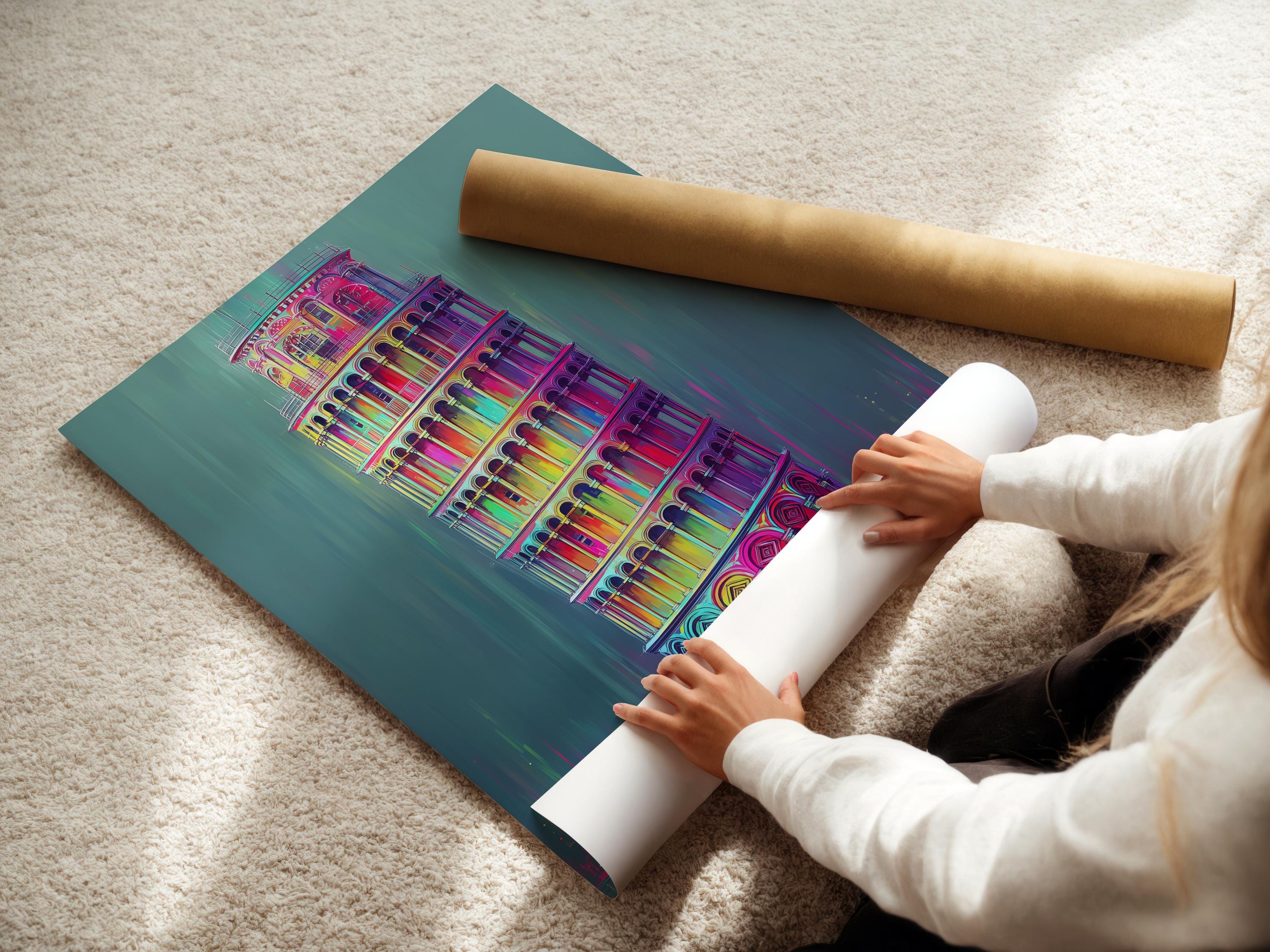 Mockup showing a framed neon rainbow Leaning Tower of Pisa illustration on a wall