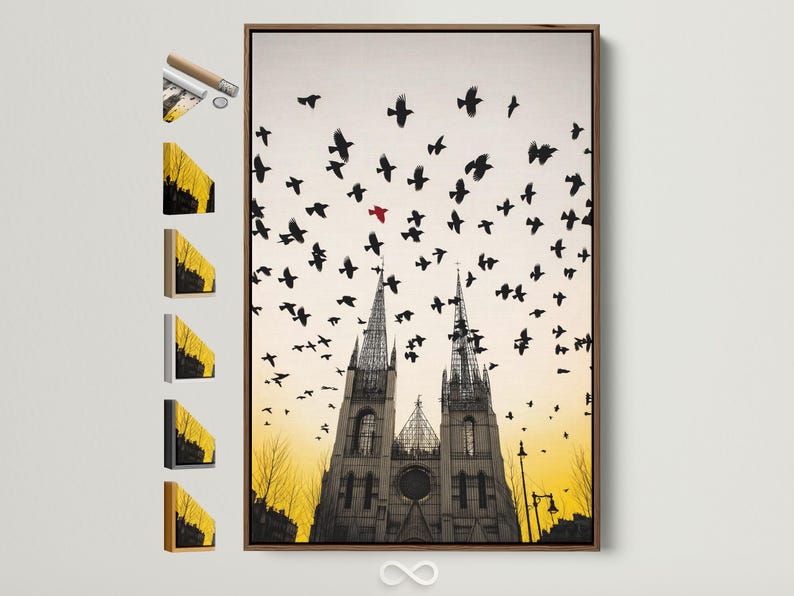 Gothic cathedral with silhouetted birds in flight above a warm ochre sunset sky