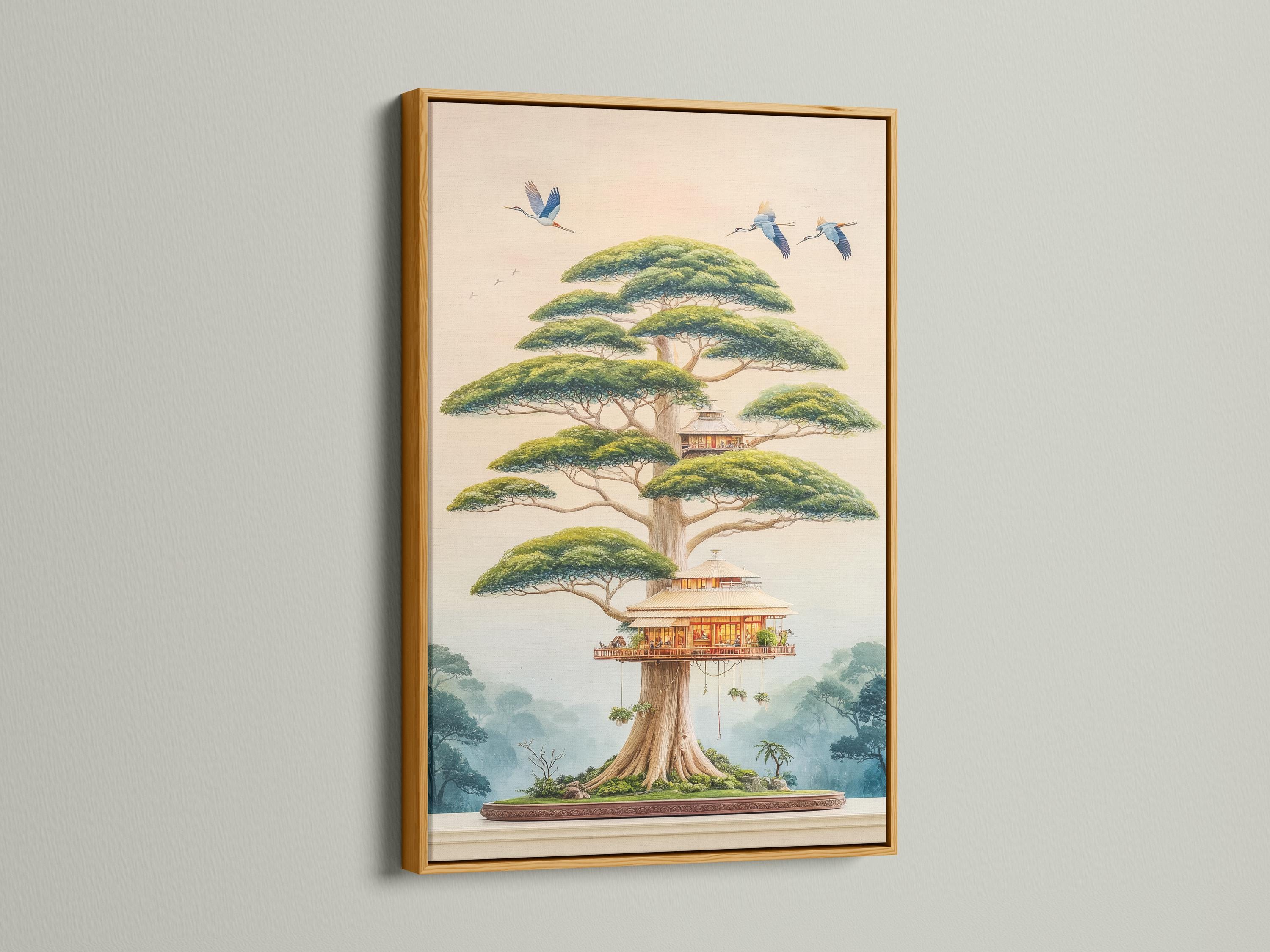 Bonsai-style tree house with blue birds flying over a misty landscape detail view