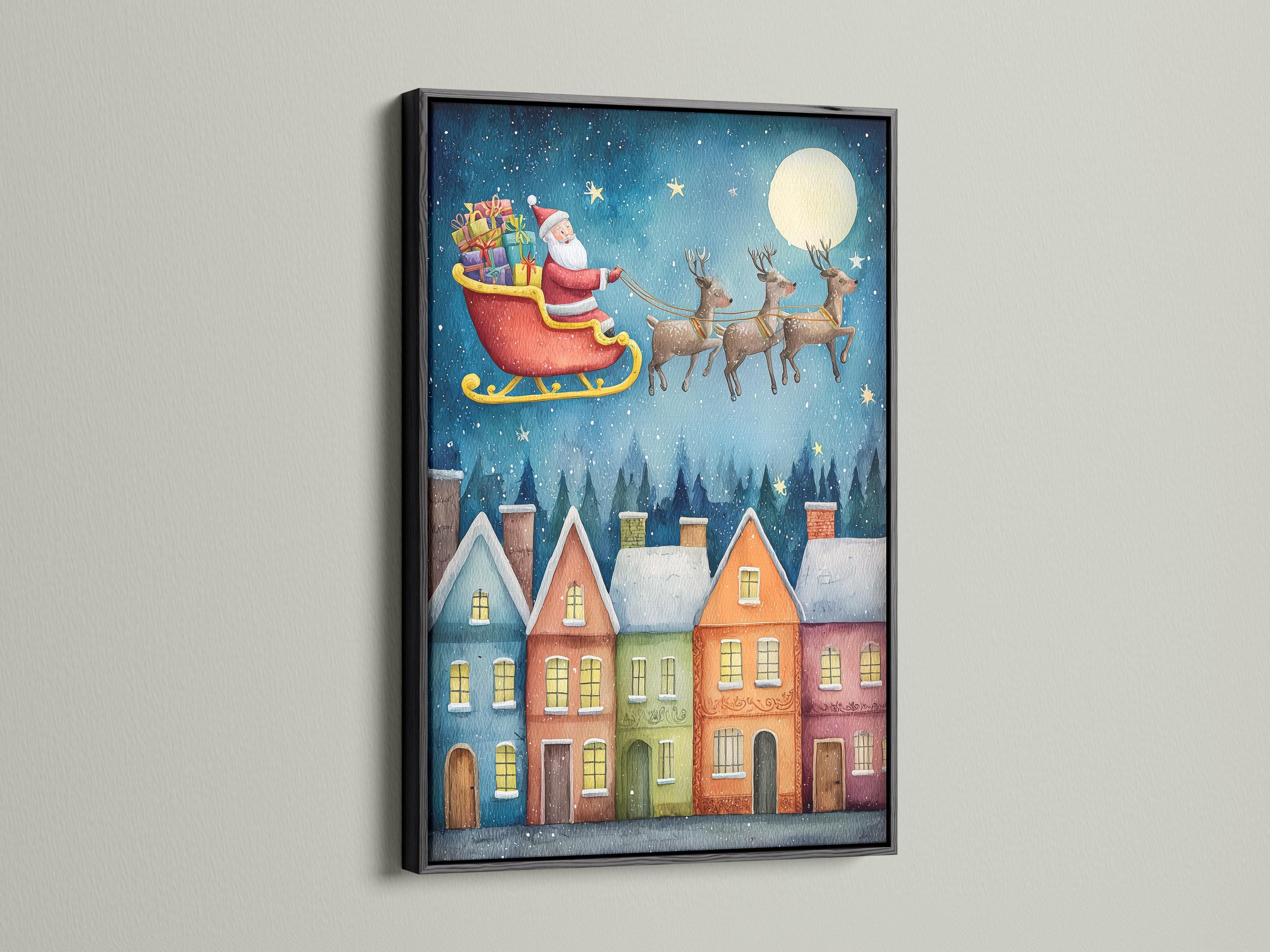 Illustrated Christmas night scene of Santa flying a sleigh with reindeer over a snowy town with glowing windows detail view