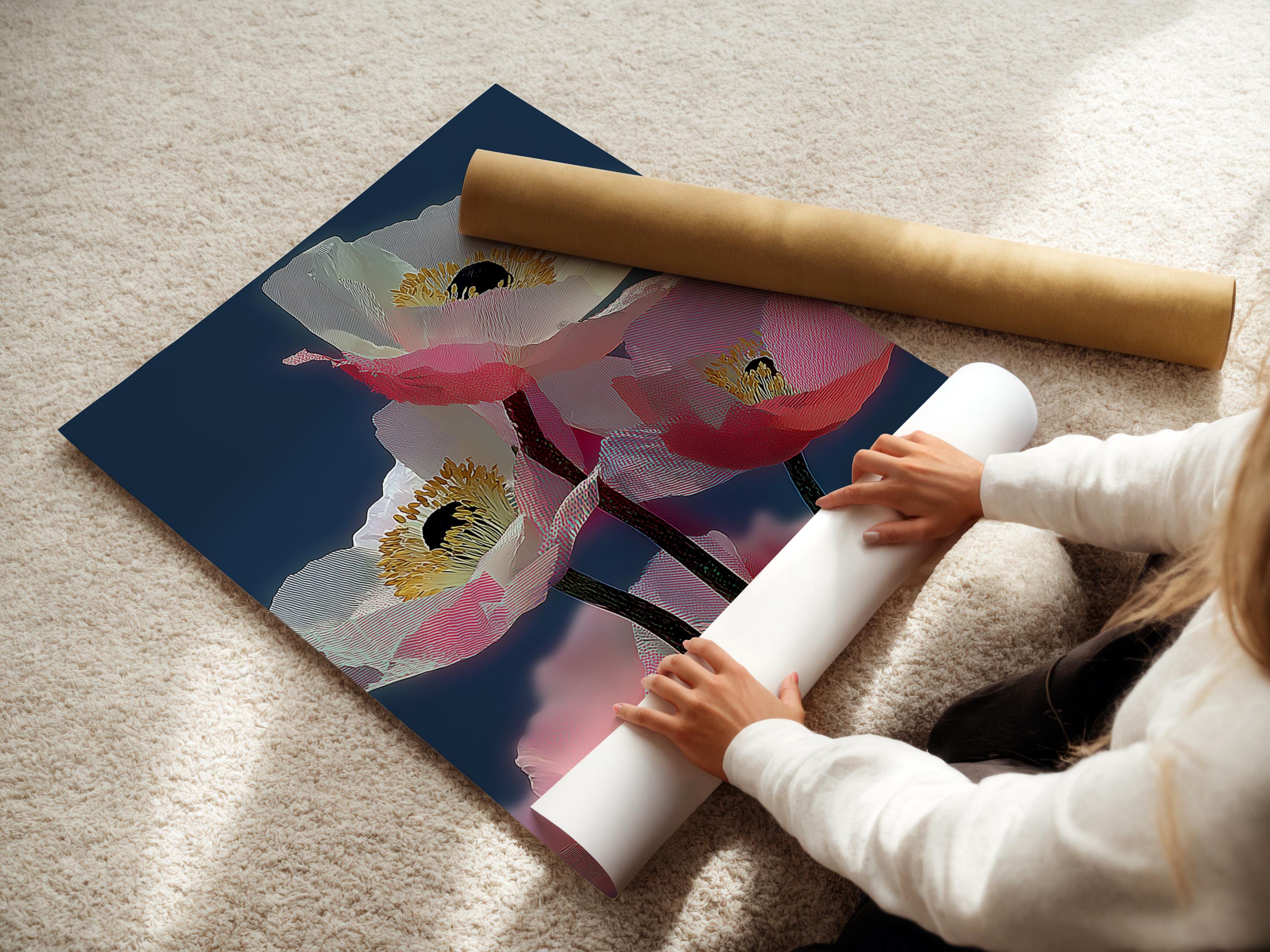 Room mockup showing a framed poppy flower artwork on a wall